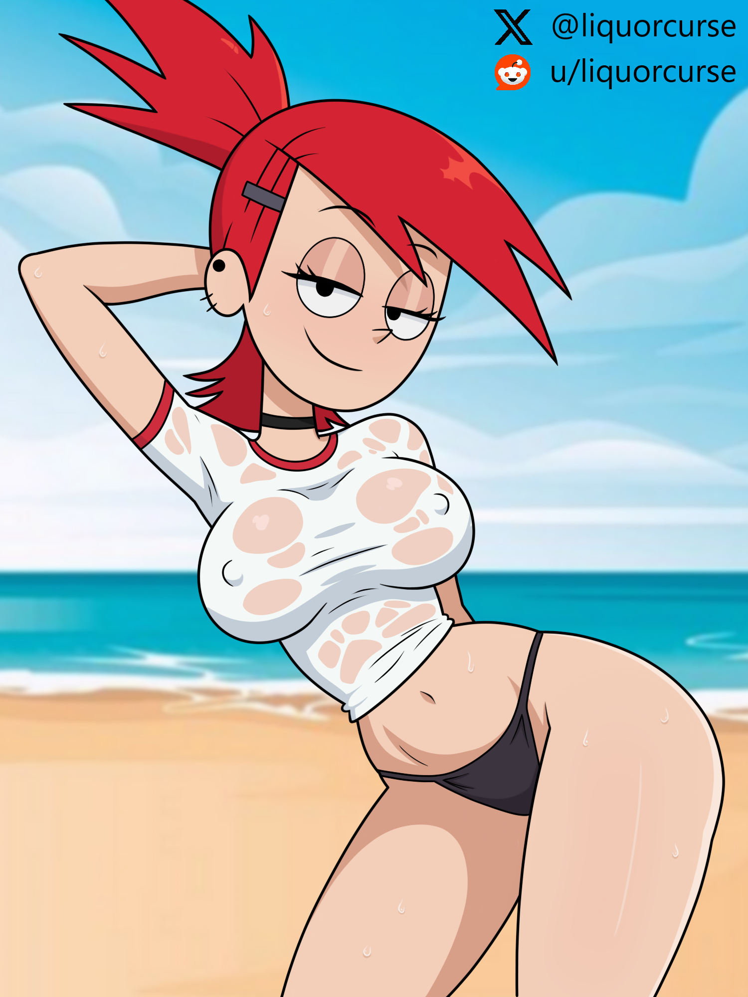 1girl, 1girls, big breasts, black thong, breasts, cartoon network, ear piercing, eyeshadow, female, female focus, female only, foster's home for imaginary friends, frankie foster, large breasts, liquorcurse, looking at viewer, medium breasts, medium hair, navel, nipple bulge, red hair, redhead female, seductive, seductive look, seductive smile, see-through clothing, see-through shirt, short hair, smile, smiling at viewer, solo, solo female, solo focus, thick thighs, thighs, thong, wet clothes, wet clothing, wet shirt, white shirt