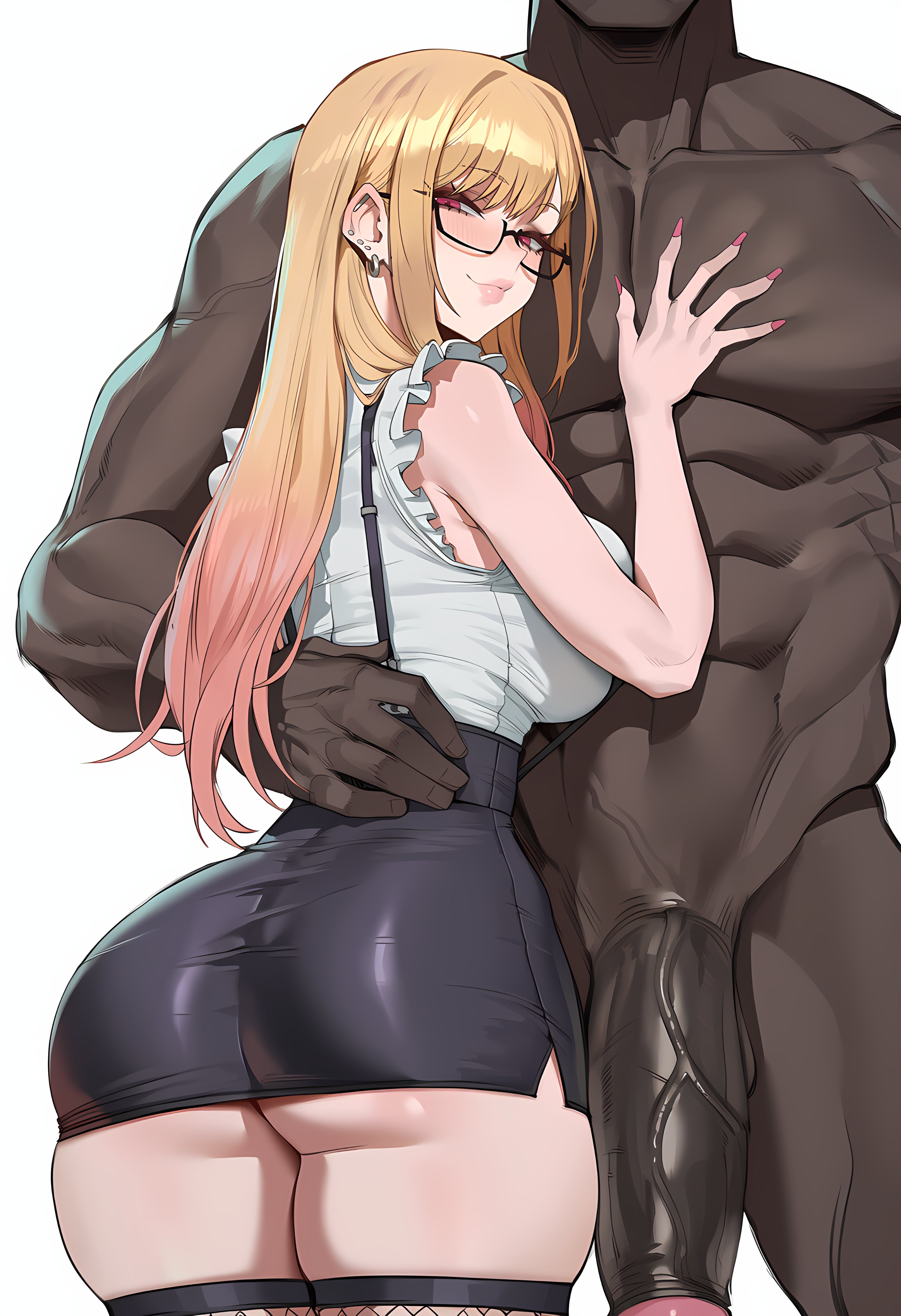1boy, 1girl, ai generated, big ass, big penis, blonde hair, dark skin, dark-skinned male, derpai, female, glasses, interracial, kitagawa marin, large breasts, looking at viewer, male, sono bisque doll wa koi wo suru