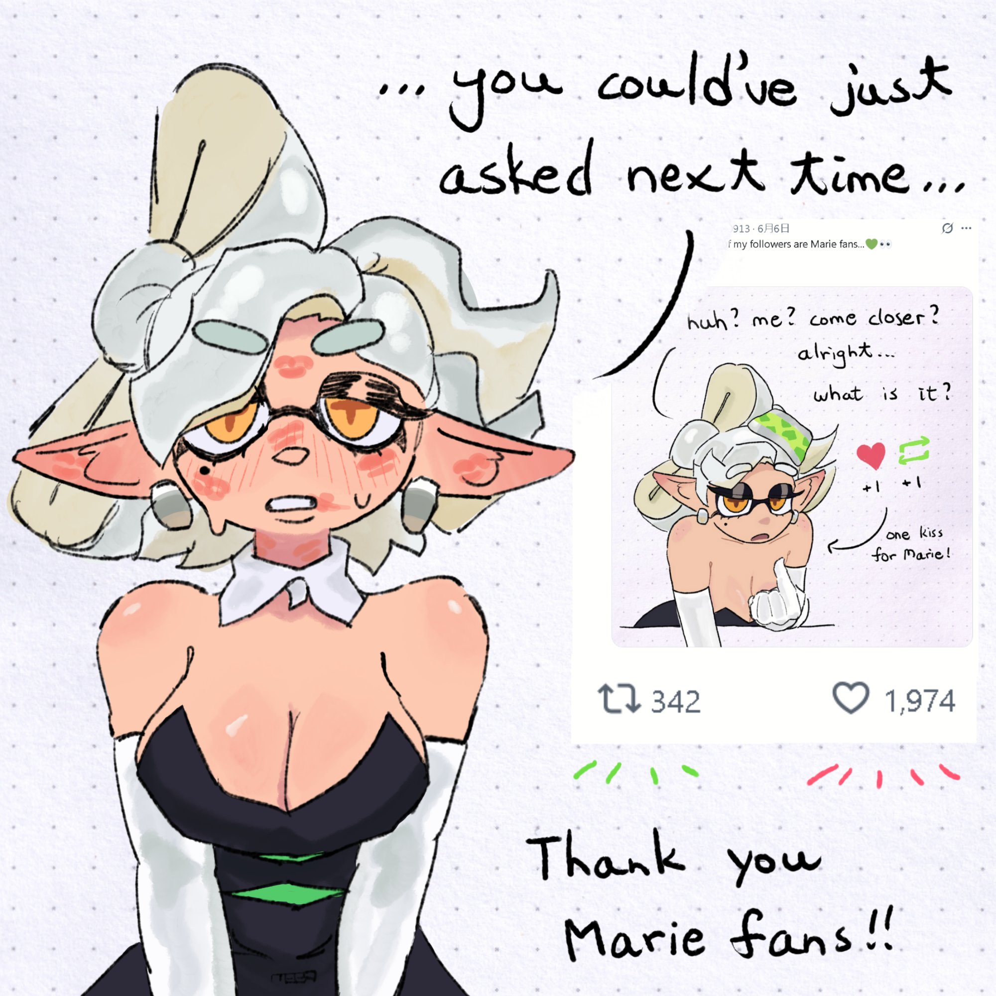 big breasts, cleavage, female, kiss mark, kiss marks all over, marie (splatoon), mega00913, plump breasts, solo, splatoon