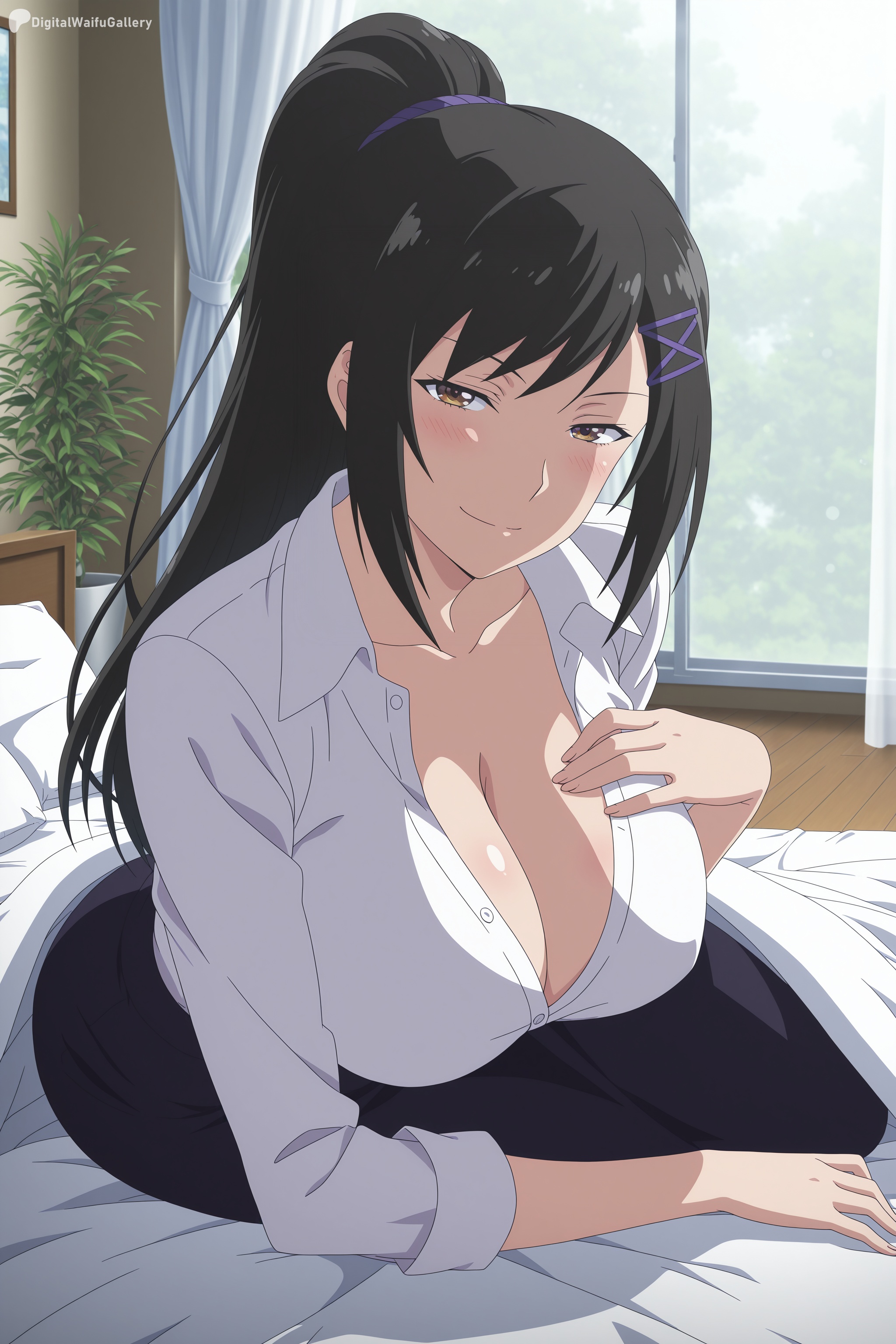 1girl, ai generated, bed, black hair, black skirt, blush, breasts, brown eyes, chabashira sae, classroom of the elite, cleavage, closed mouth, collarbone, collared shirt, curtains, digitalwaifugallery, dress shirt, hair ornament, hairclip, hand on own chest, hi res, high ponytail, high quality, high resolution, indoors, large breasts, long hair, looking at viewer, on bed, patreon, pillow, ponytail, seductive, sexy, shirt, skirt, smile, solo, teacher, teacher female, uncensored, watermark, white shirt, window, x hair ornament