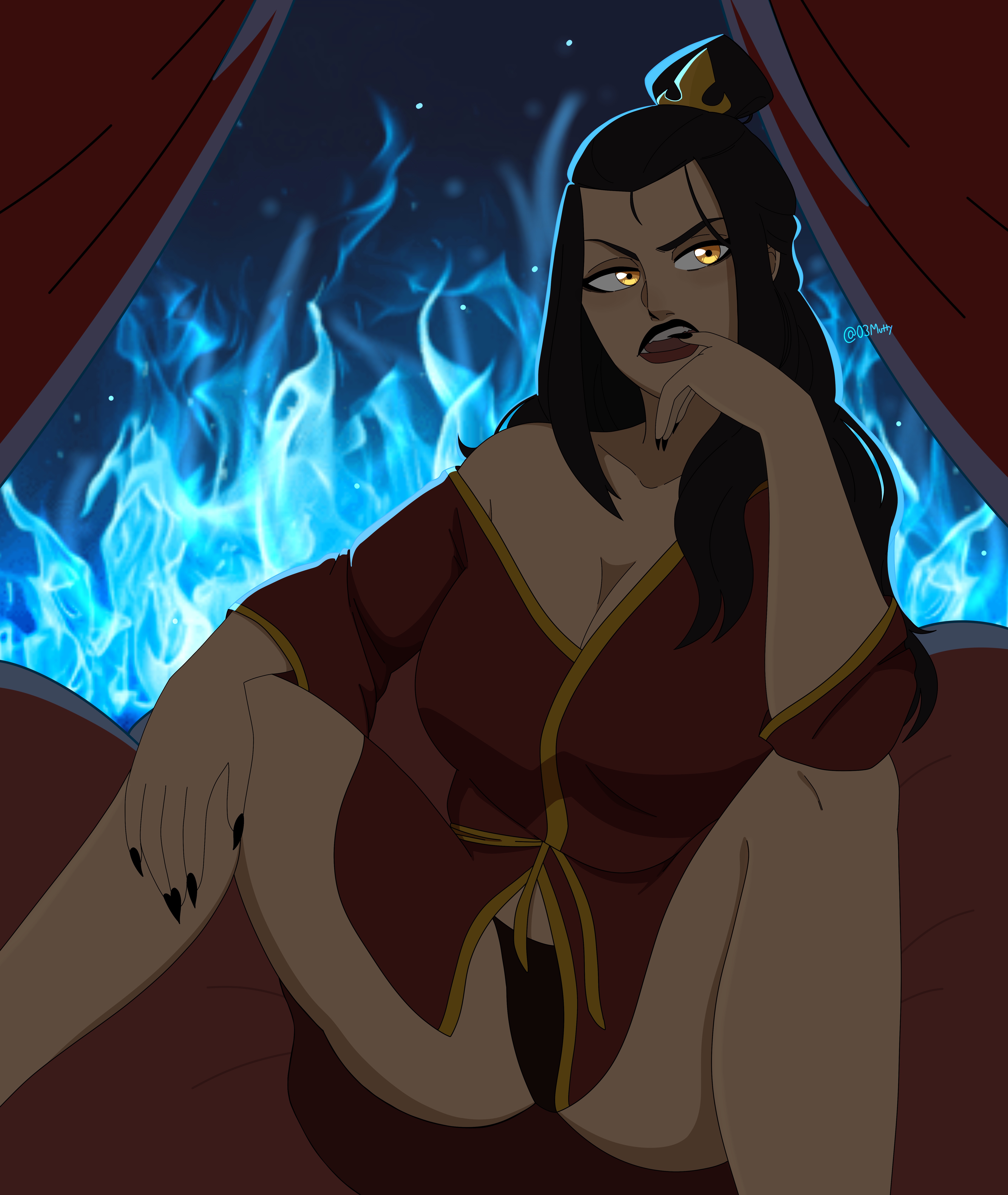 avatar legends, avatar the last airbender, azula, breasts, fire nation, glowing eyes, legs apart, long fingernails, long hair, mutty, nickelodeon, nightgown, panties, princess, sharp teeth, thighs