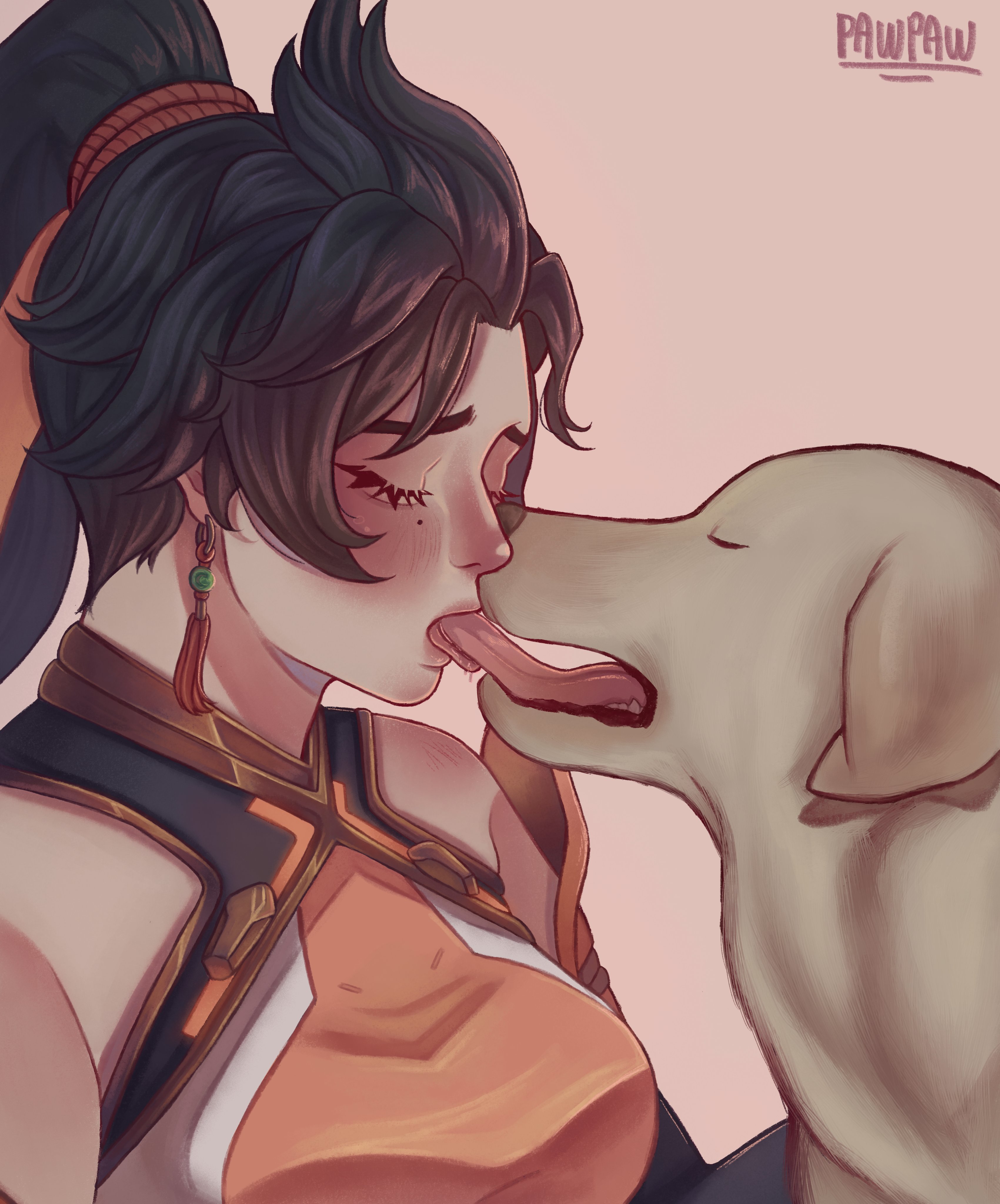 2d, anran, bestiality kiss, black hair, blush, canine, canine on human, closed eyes, clothed, clothing, domestic dog, female kissing feral, female on feral, feral, feral on female, feral on human, french kiss, human female, human on feral, in love, interspecies, kiss, kissing, light skin, light-skinned female, looking pleasured, loving it, mascara, mole, mole under eye, overwatch, passionate, ponytail, romantic, sweetie paw, tongue, tongue kiss, zoophilia