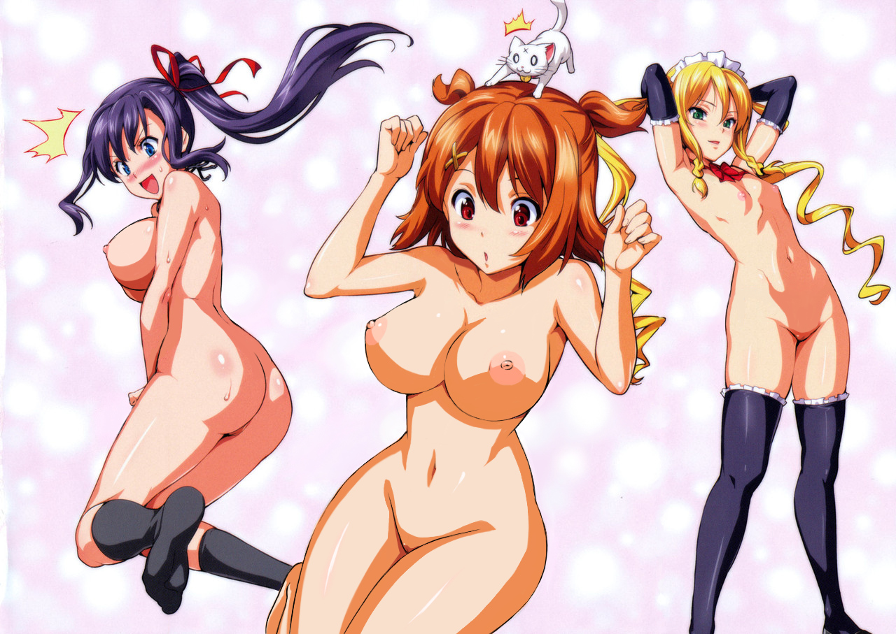 amaya haruko, animal, ass, blonde hair, blue eyes, blush, breasts, cat, female, foot, frill, green eyes, himegami kodama, huge breasts, knee socks, kneehighs, kushiya inaho, lingerie, maid headdress, maken-ki!, nipples, nude, orange hair, ponytail, purple hair, pussy, red eyes, small breasts, socks, soles, takeda hiromitsu, tied hair, twintails, vagina
