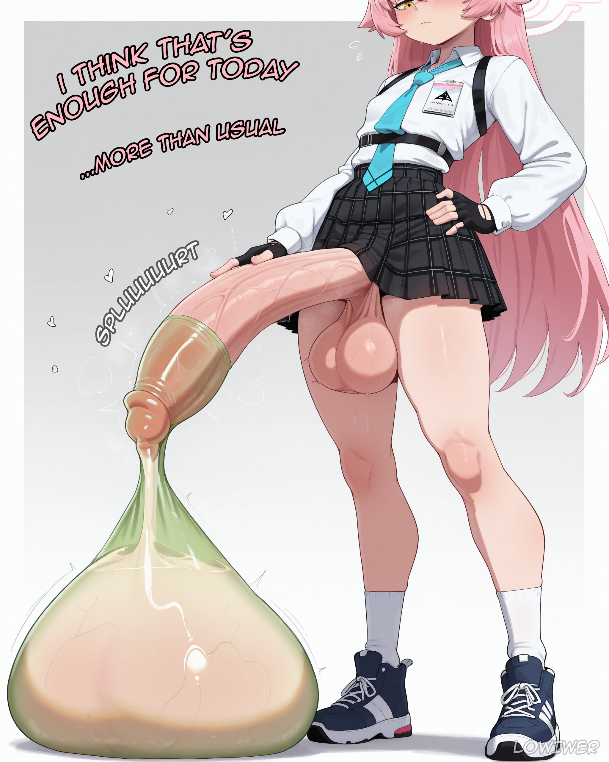 1futa, after orgasm, ai generated, blue archive, condom, condom balloon, cum, excessive cum, futa only, futanari, hoshino (blue archive), huge balls, huge cock, lowiwer, masturbation
