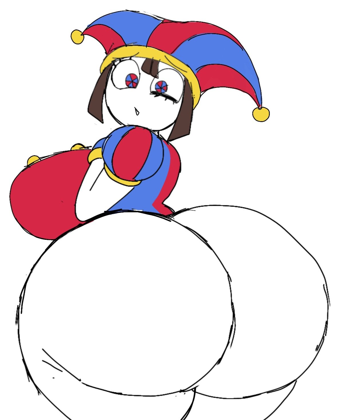 ass, big ass, big butt, disgusted, dressed, fat ass, glitch productions, huge ass, huge breasts, huge tits, looking at viewer, looking back, massive ass, momiji (artist), pomni, pomni (the amazing digital circus), solo, tagme, the amazing digital circus, wide hips