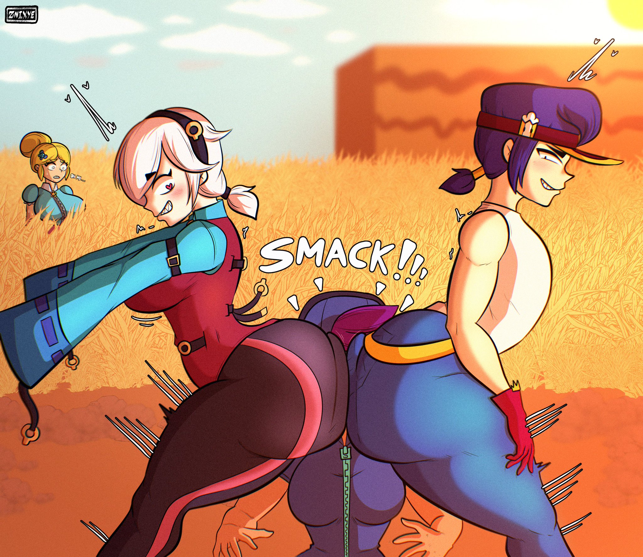 1boy, 1boys, 1girl, 1girls, 2girls, 2girls1boy, 3girls, 3girls1boy, ass, asses, back pockets, blue jeans, brawl stars, butt, butts, colette (brawl stars), face smothering, fang (brawl stars), female/female, femboy, jeans, male, male/female, shelly (brawl stars), star shelly, tagme, yuri, znixye