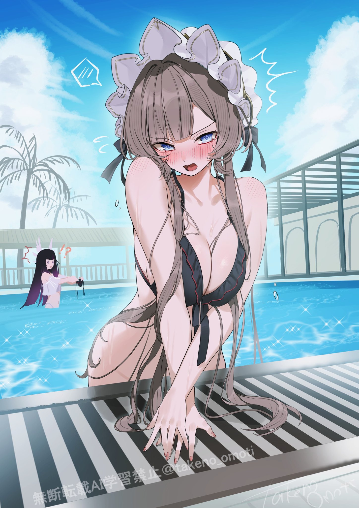 2girls, bikini, bikini top, black bikini, columbina (genshin impact), embarrassed, embarrassed nude female, environmental censorship, genshin impact, half naked, half-dressed, hoyoverse, light-skinned female, pool, sandrone (genshin impact), sky, summer, takeno omoti, tropical, underwear, wardrobe malfunction, water, without panties