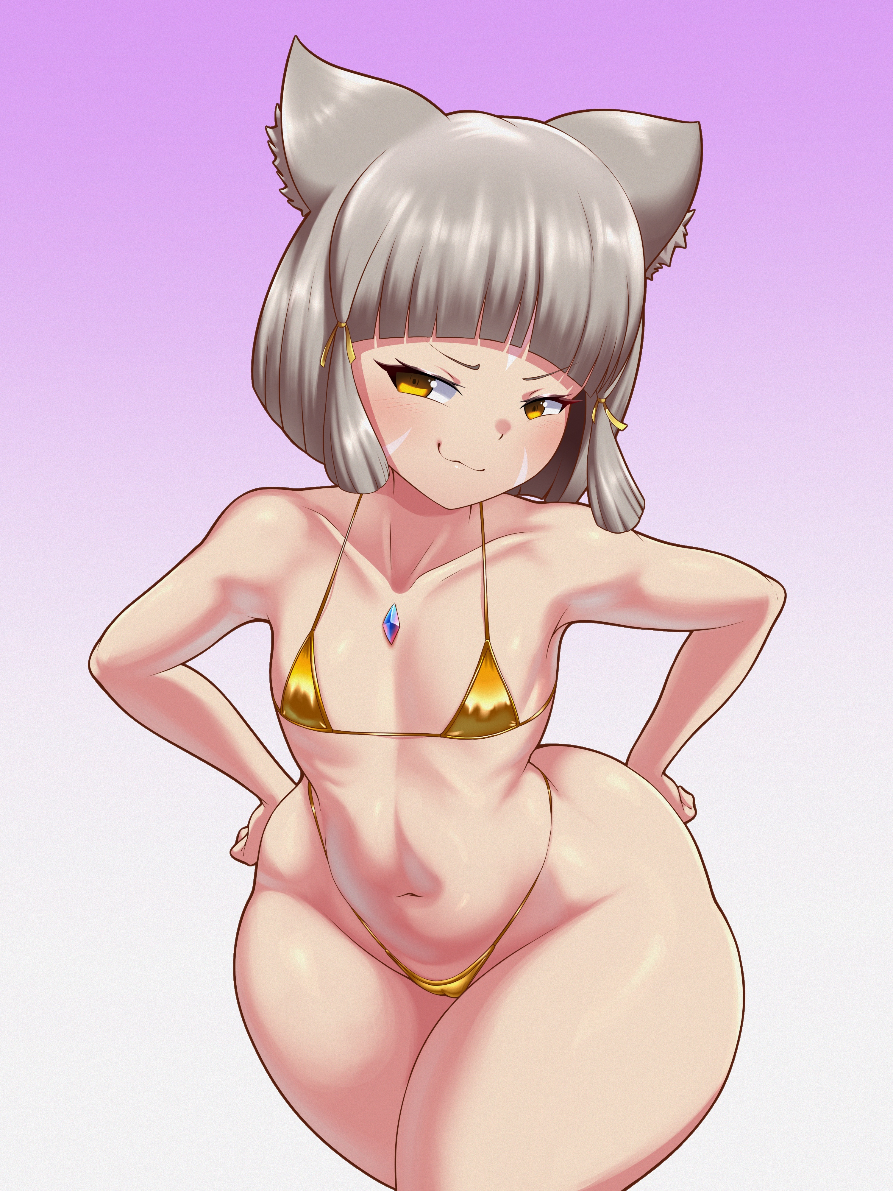 1girls, 2026, alternate version available, animal ears, bikini, bikini bottom, bikini top, bob cut, bottom heavy, cameltoe, clothed, clothing, covered nipples, female, female only, flat chest, flat chested, golden week, gradient background, grey hair, half-closed eyes, hands on hips, hi res, highres, light skin, light-skinned female, medium hair, nia (xenoblade), nintendo, partially clothed, revealing clothes, sidelocks, sleepiitreat, slim waist, smug, smug face, solo, solo female, tagme, thick hips, thick legs, thick thighs, two-piece swimsuit, wide hips, xenoblade (series), xenoblade chronicles (series), xenoblade chronicles 2, yellow eyes