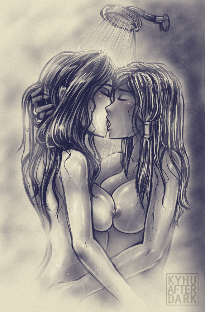 2girls, artist name, asami sato, avatar legends, black hair, breasts, canon couple, closed eyes, dark skin, dark-skinned female, duo, female, female only, human, k-y-h-u, kissing, korra, long hair, medium breasts, monochrome, multiple females, multiple girls, nipples, nude, shower, symmetrical docking, the avatar, the legend of korra, water, water tribe, wet, yuri