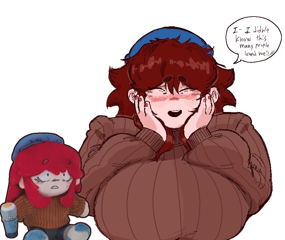 auburn hair, big breasts, blush, breasts, chubby female, cute, dumb girl, friday night funkin, friday night funkin mod, girlfriend (friday night funkin), happy, huge ass, huge breasts, huge thighs, hyper thighs, korean nooby (artist), marketable plushie, massacre girlfriend (friday night funkin), millie (mistful crimson morning), mistful crimson morning, oc, plushie, selfie, smile, wholesome
