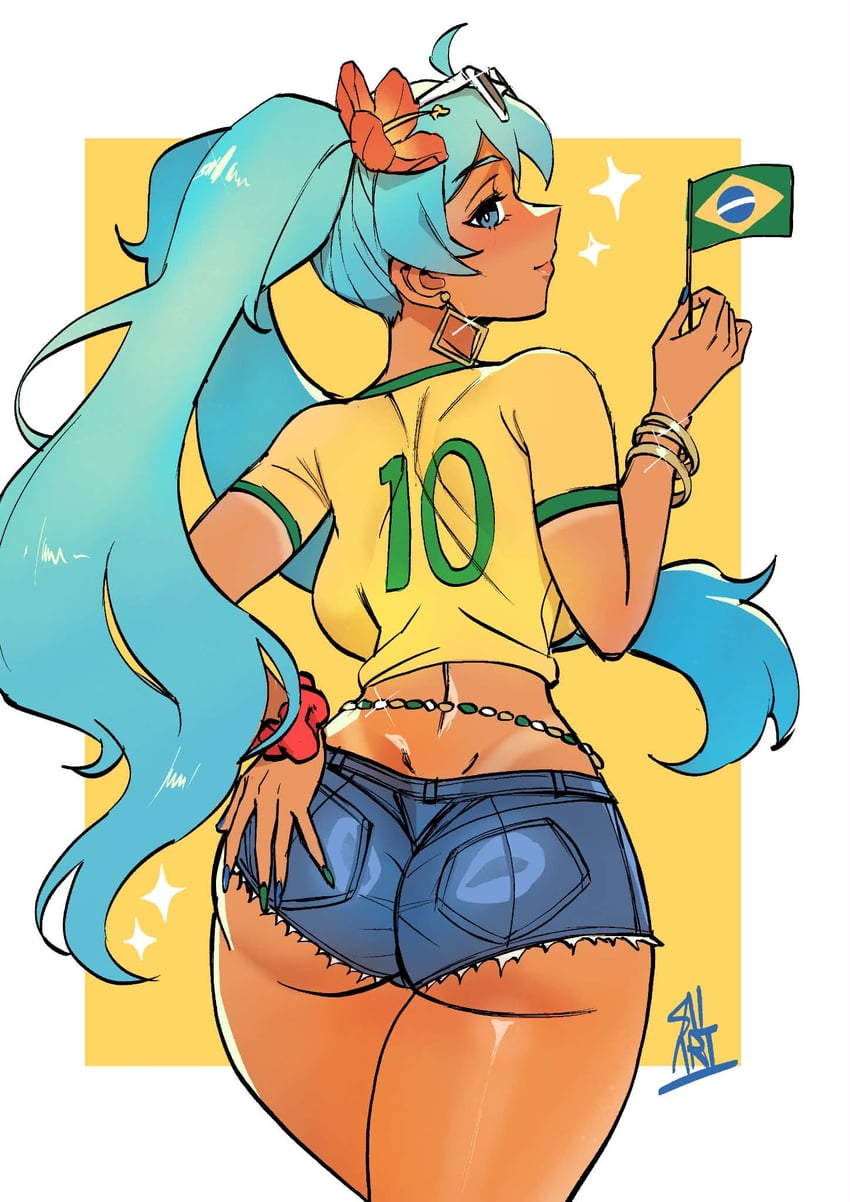 ass, back view, blue hair, brazilian, brazilian miku, flag, hatsune miku, jean shorts, latina, presenting hindquarters, thick thighs, twintails, vocaloid