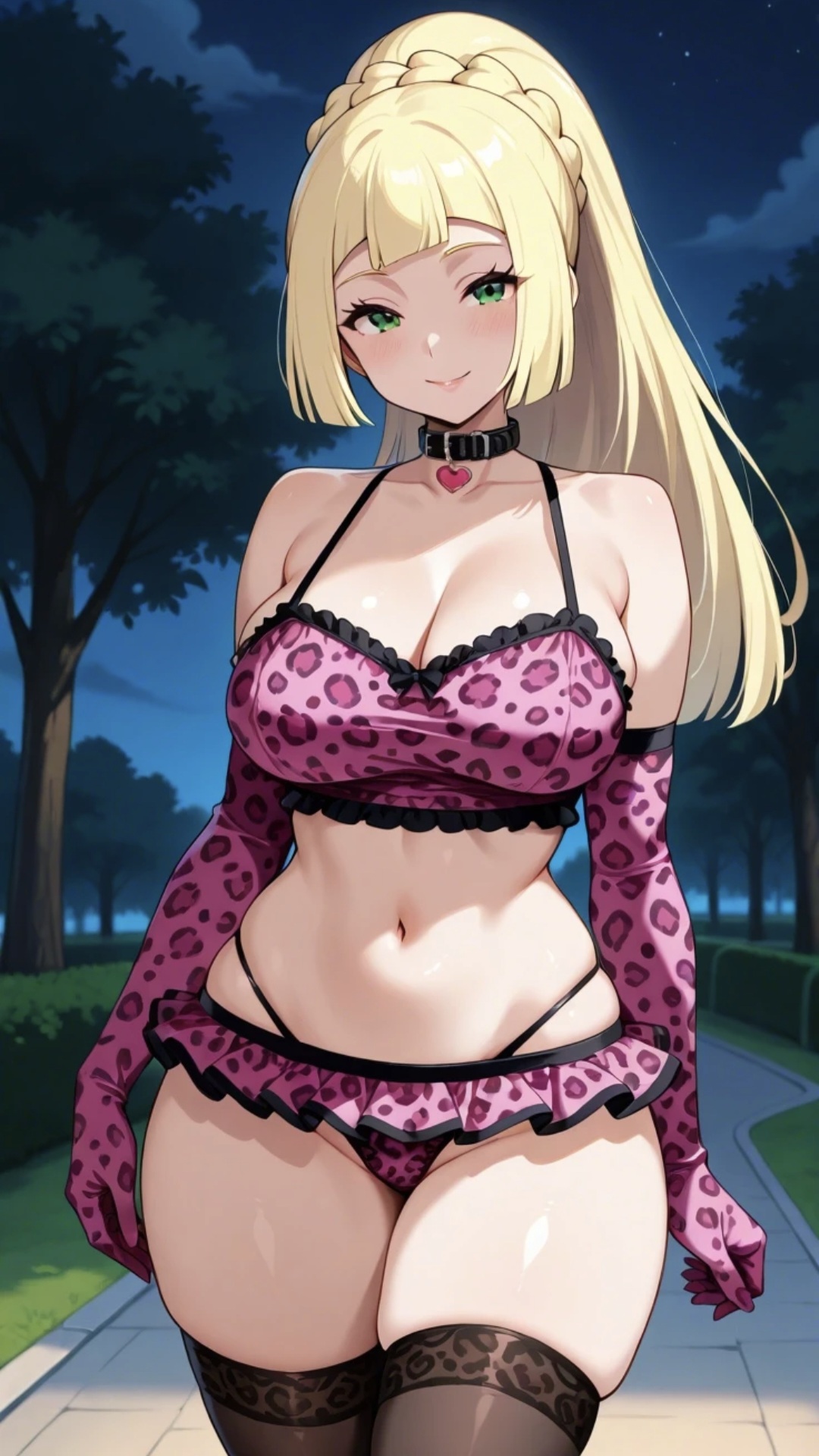 1girls, aged up, ai generated, bangs, bare shoulders, blonde, blonde female, blonde hair, blonde hair female, breasts, busty, camisole, cleavage, collar, commentary request, curvaceous, curvy, curvy female, curvy figure, female, female focus, frilled skirt, girly, gloves, green eyes, hair, large breasts, leopard print, lia the busty redhead, lillie (pokemon), long gloves, long hair, microskirt, midriff, navel, night, outdoors, outside, park, pelvic line, pink clothing, pink leopard print, pokemon, pokemon sm, ponytail, self upload, skirt, spaghetti strap, standing, straight bangs, straight hair, tagme, thick thighs, thighhighs, thighs, thong, wide hips