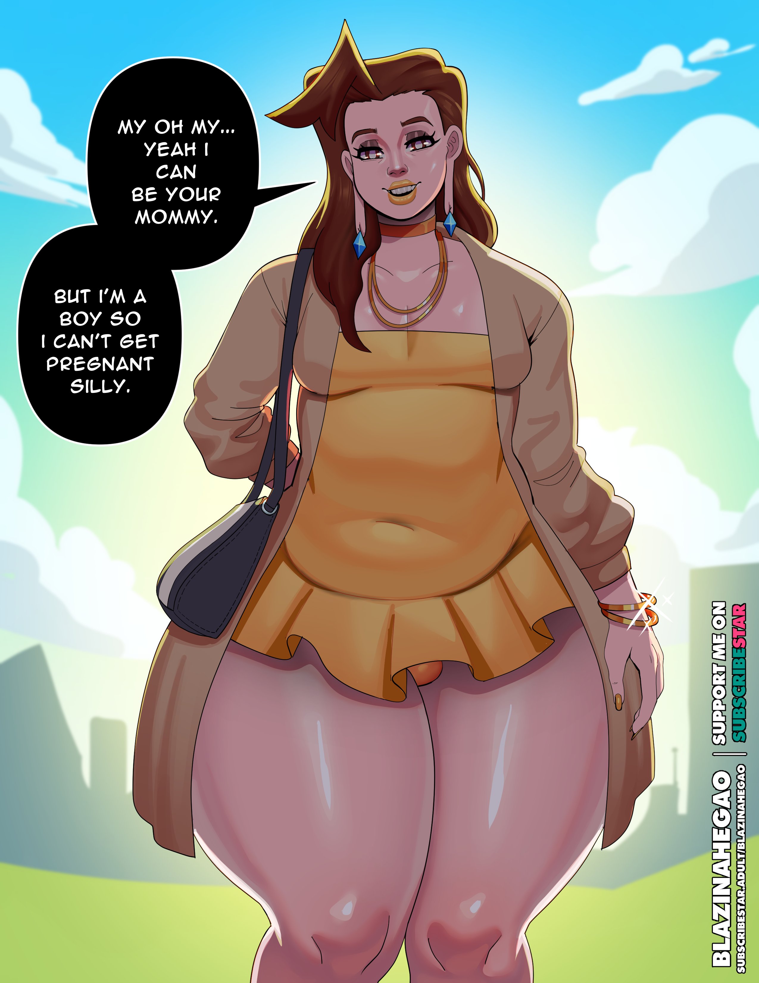 1boy, 1femboy, 2026, androgynous, better version at source, big earlobes, blazinahegao, brown eyes, brown hair, bulge, bulge through clothing, child bearing hips, chubby femboy, chubby male, cleavage, collar, daddy, dialogue, dilf, dress, earrings, femboy, femboy dilf, femboy only, girly, honey (blazinahegao), horny, horny male, imminent sex, looking at viewer, looking pleasured, male, male only, male with breasts, mommy, necklace, oc, original, original character, png version available, sissy, text, thick hips, thick thighs, thunder thighs, wide hips