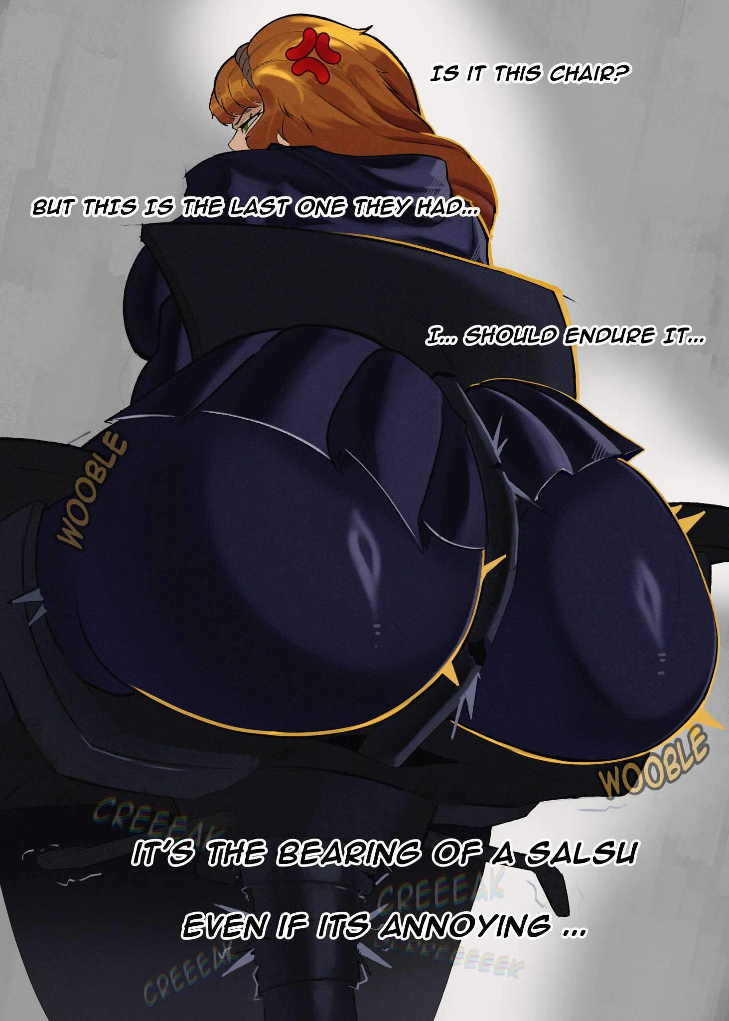 aeng-du (limbus company), ass, ass focus, big butt, chair, creaking, english text, fat, fat ass, green eyes, id card, ishmael (limbus company), limbus company, motion lines, onomatopoeia, orange hair, paper, pen in mouth, project moon, simple background, suit, suit and tie, teyo jominu, wobble, wobbling ass