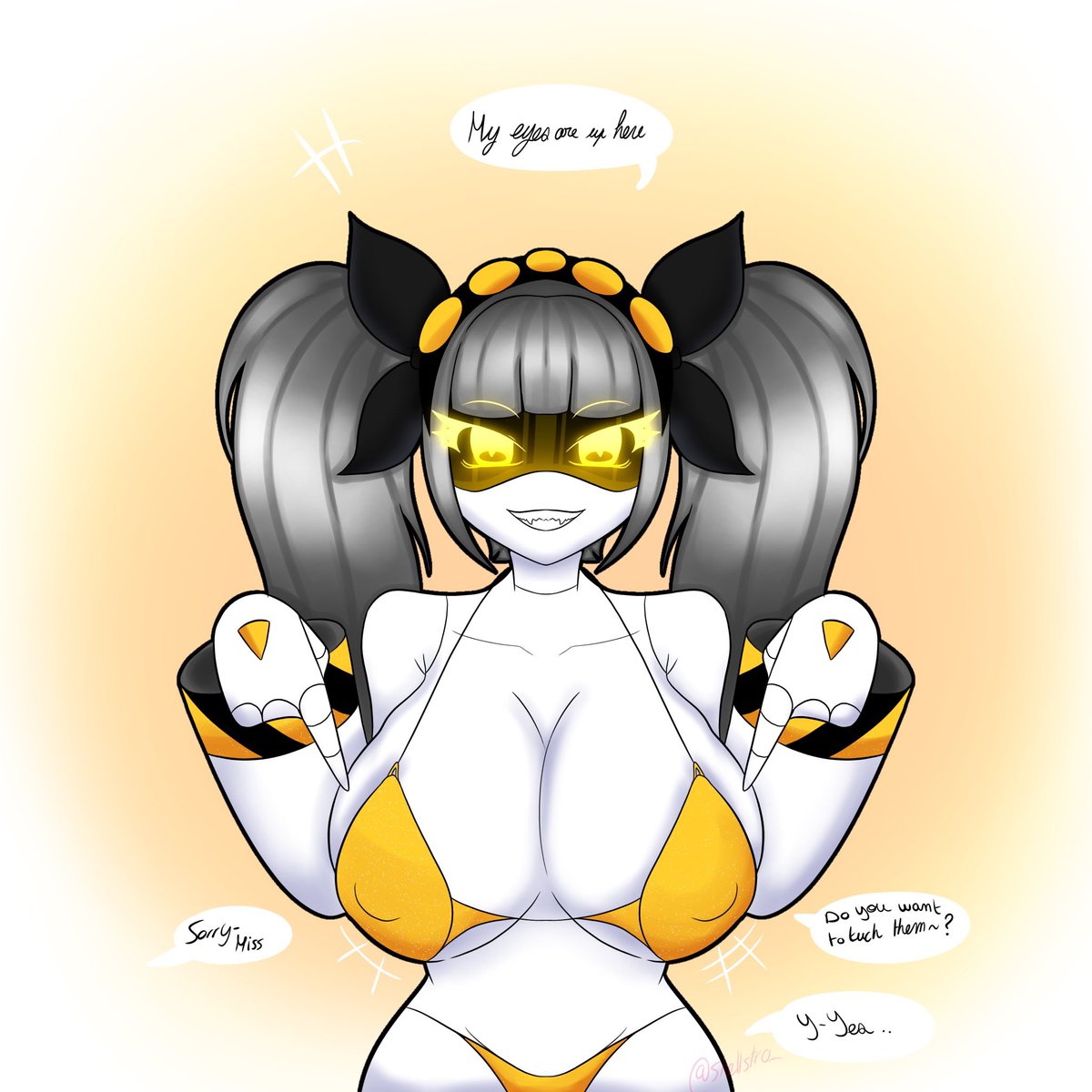 bikini, boobs, breasts, darkxmoza off, female, female focus, female only, glitch productions, grey hair, grey hair female, j (murder drones), murder drones, pink background, pointing at breasts, robot, robot girl, robot humanoid, screen face, smile, smiling, solo, solo female, solo focus, yellow background, yellow eyes, yellow eyes female