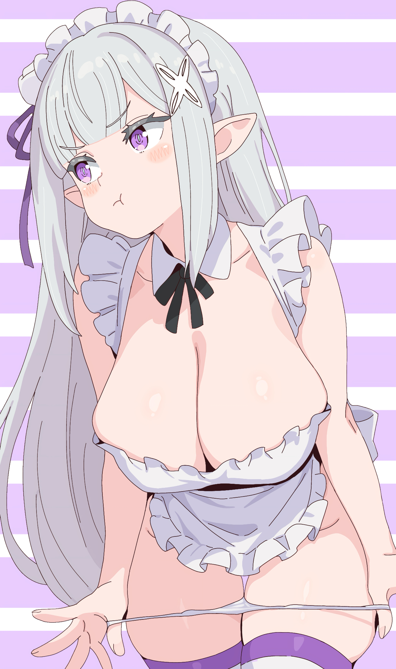 1girls, apron, apron only, blush, cleavage, elf, elf ears, elf female, emilia (re:zero), half naked, hips, large breasts, maid, maid apron, naked apron, panties down, pout, purple eyes, re:zero kara hajimeru isekai seikatsu, removing panties, sagging breasts, silver hair, solo, thick thighs, undressing, white hair