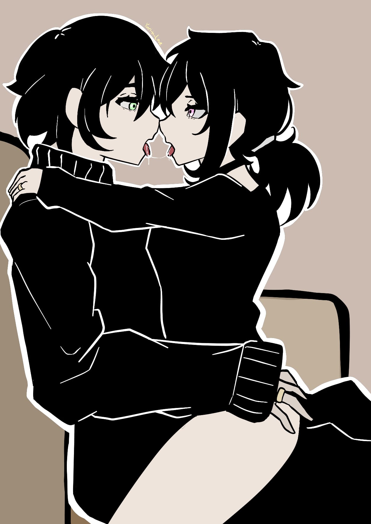 1boy, 1girls, 2d, after kiss, andrew graves, arms around partner, ashley graves, ass, ass grab, black hair, bottomless, brother and sister, couple, eye contact, female, green eyes, incest, male, married couple, pink eyes, ponytail, ring, rings, saliva, saliva string, siblings, sitting, sitting on lap, sitting on person, straight, the coffin of andy and leyley, tongue, tongue out, yuri in love