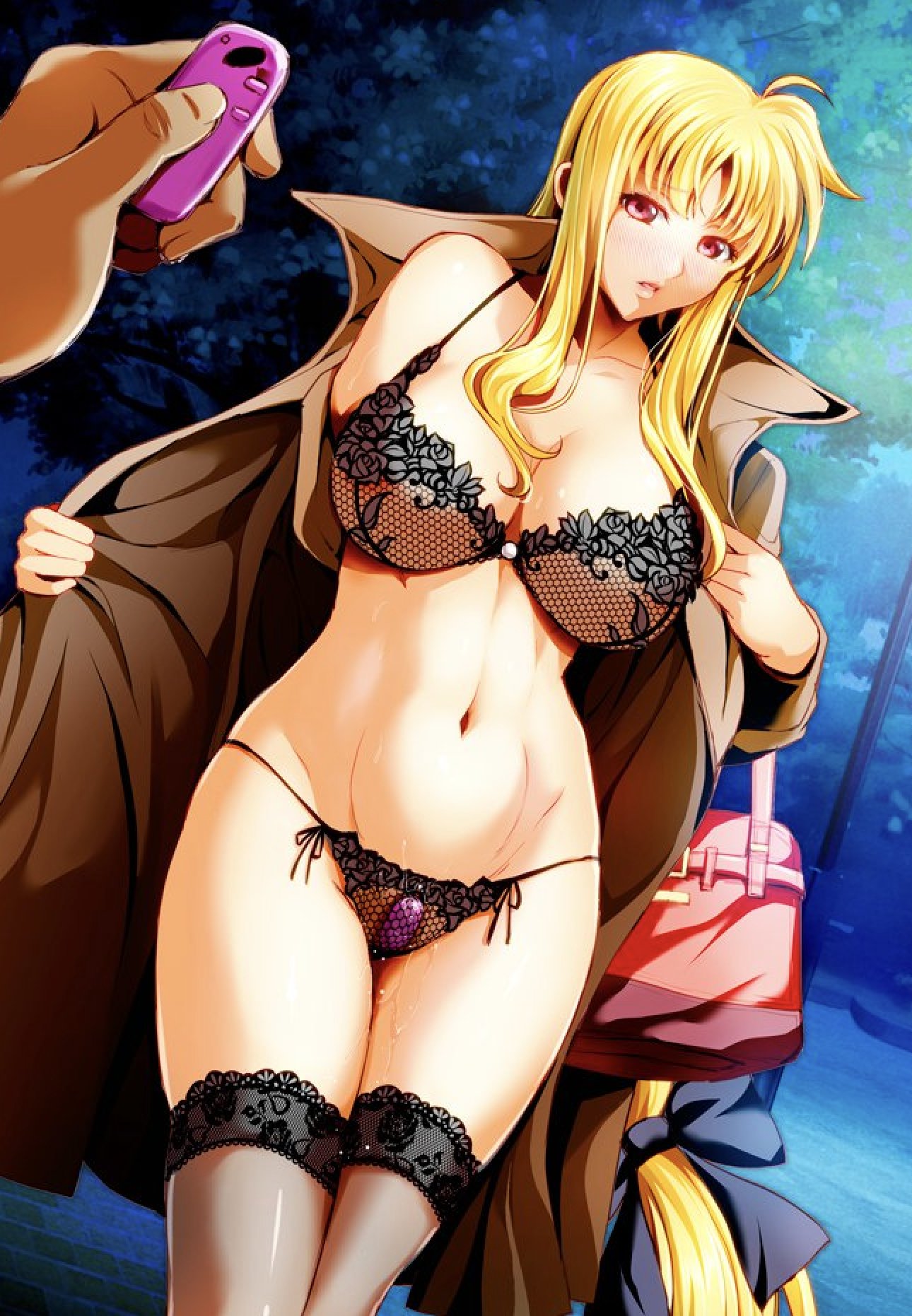 1boy bag black_bow black_bra black_panties blonde_hair blush bow bra breasts cleavage coat collarbone commentary_request cowboy_shot exhibitionism fate_testarossa female hairbow highres itachou lamppost large_breasts lingerie long_hair looking_at_viewer low-tied_long_hair lyrical_nanoha mahou_shoujo_lyrical_nanoha_strikers navel night open_clothes open_coat opened_by_self outdoors panties parted_lips public_indecency pussy_juice red_eyes remote_control_vibrator sex_toy shoulder_bag solo_focus stomach straight sweat underwear variant_set very_long_hair vibrator vibrator_under_clothes vibrator_under_panties