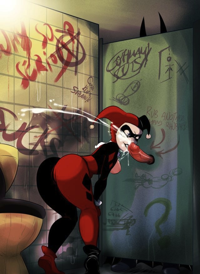 1girls, after fellatio, after oral, artist request, ass, bathroom, bathroom stall, batman (series), batman: the animated series, bodysuit, breasts, breasts outside, cum, cumshot, dc, dc comics, dcau, female, female focus, glory hole, harley quinn, harley quinn (classic), human, male, penis, straight