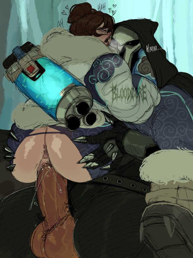 asian, asian female, ass, balls, big balls, big penis, bloodcore, brown hair, cowgirl, dark skin, dark-skinned male, female, gabriel reyes, gloves, gripping ass, heart symbol, heavy breathing, interracial, male, mask, mei (overwatch), moaning, mostly clothed, overwatch, penis, plump lips, pussy, reaper, riding, riding penis, squinted eyes, squirting, wet pussy