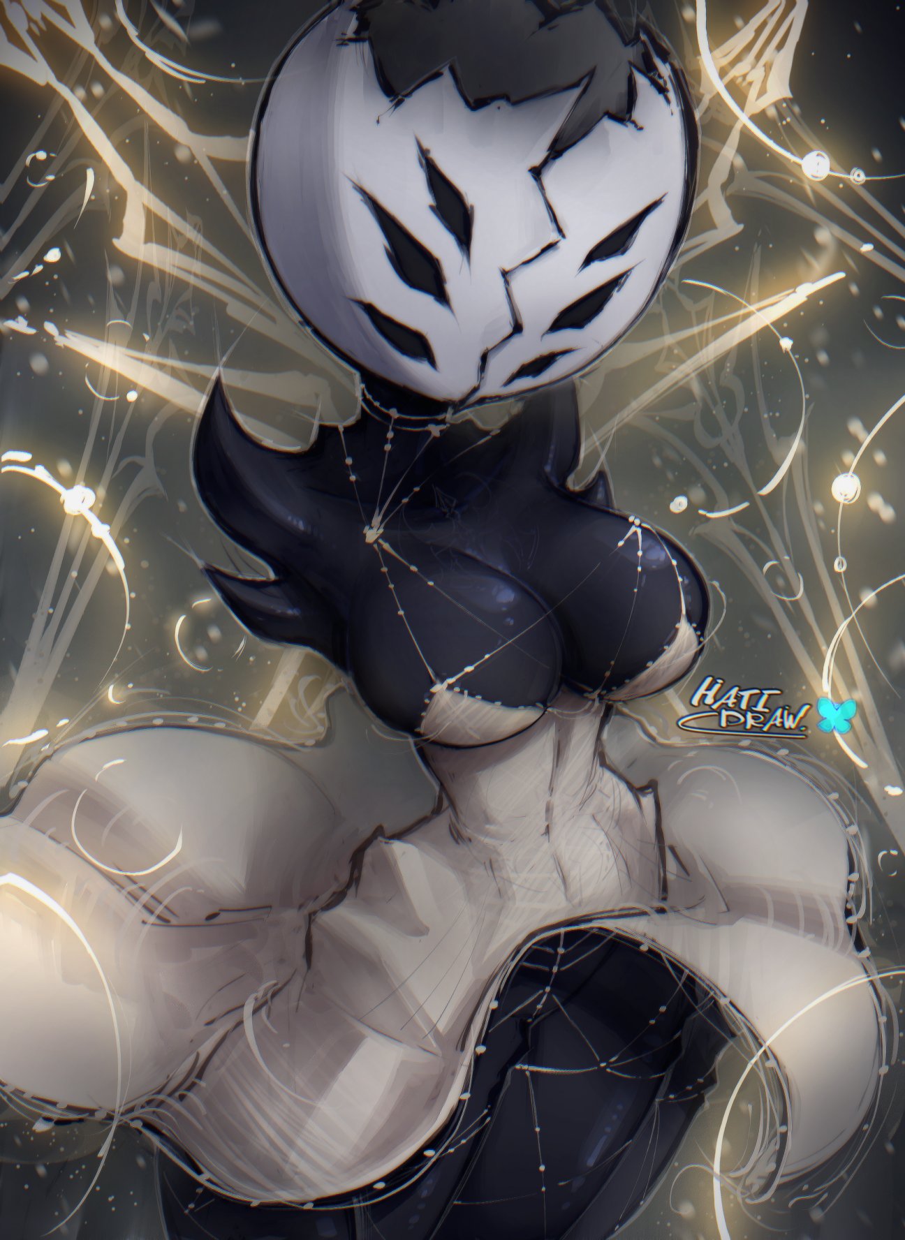 1girls, big breasts, breasts, dress, female, female only, first sinner (hollow knight), hatidraw, hollow knight, hollow knight: silksong, no bra, solo, solo female, thick thighs, thighs, upskirt, watermark, weaver (hollow knight)