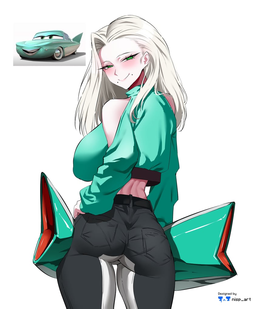 ass focus, big ass, cars (film), flo (cars), green clothing, green eyes, light skin, mole, mole under mouth, nisp art, no bra, tight clothing, white hair