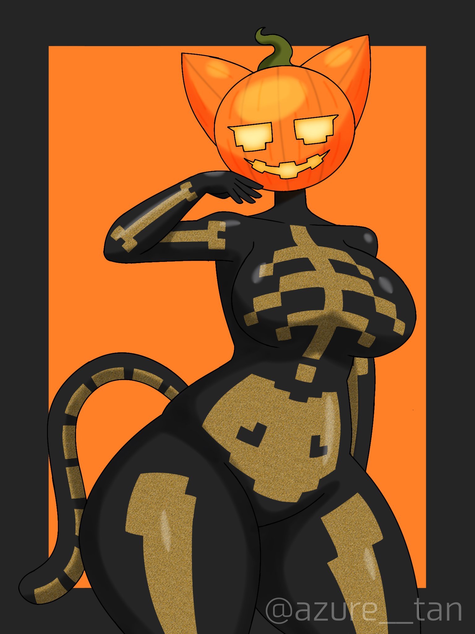 1girls, 4 fingers, animal ears, animal humanoid, animal tail, anthro, anthro female, anthro only, anthrofied, arm raised, arm up, arms raised, arms up, artist name, asthma tan, azure tan, belly, black body, black bodysuit, black suit, black tail, bone, bones, breasts, cat ears, cat girl, cat humanoid, cat tail, catgirl, collarbone, contrapposto, cowboy shot, curvaceous, curvaceous body, curvaceous female, curvaceous figure, curvaceous hips, curvaceous thighs, curves, curvy, curvy body, curvy female, curvy figure, curvy hips, curvy thighs, feline, female, female focus, female only, fingers, fortnite, fortnite: battle royale, fortnitemares, front view, fully clothed, furry, furry female, furry only, furry tail, glowing eyes, glowing mouth, gray border, grey border, half body, halloween, halloween pumpkin, halloween theme, hand near face, hand raised, hand up, hands up, hips, huge boobs, huge breasts, huge thighs, jack-o'-lantern, large boobs, large breasts, large thighs, long tail, looking at viewer, marking, markings, mouth, no pupils, object, object head, one arm raised, one arm up, one hand raised, open mouth, orange background, pumpkin, pumpkin girl, pumpkin head, pupiless eyes, pupilless eyes, seductive, seductive body, shoulders, skeleton (marking), smile, smile at viewer, smiling, smiling at viewer, smiling female, solo, solo female, solo focus, spice (fortnite), standing, suggestive, tail, thick thighs, thigh gap, thighs, thunder thighs, twitter username, wide hip, wide hipped anthro, wide hipped female, wide hips, yellow eyes, yellow mouth