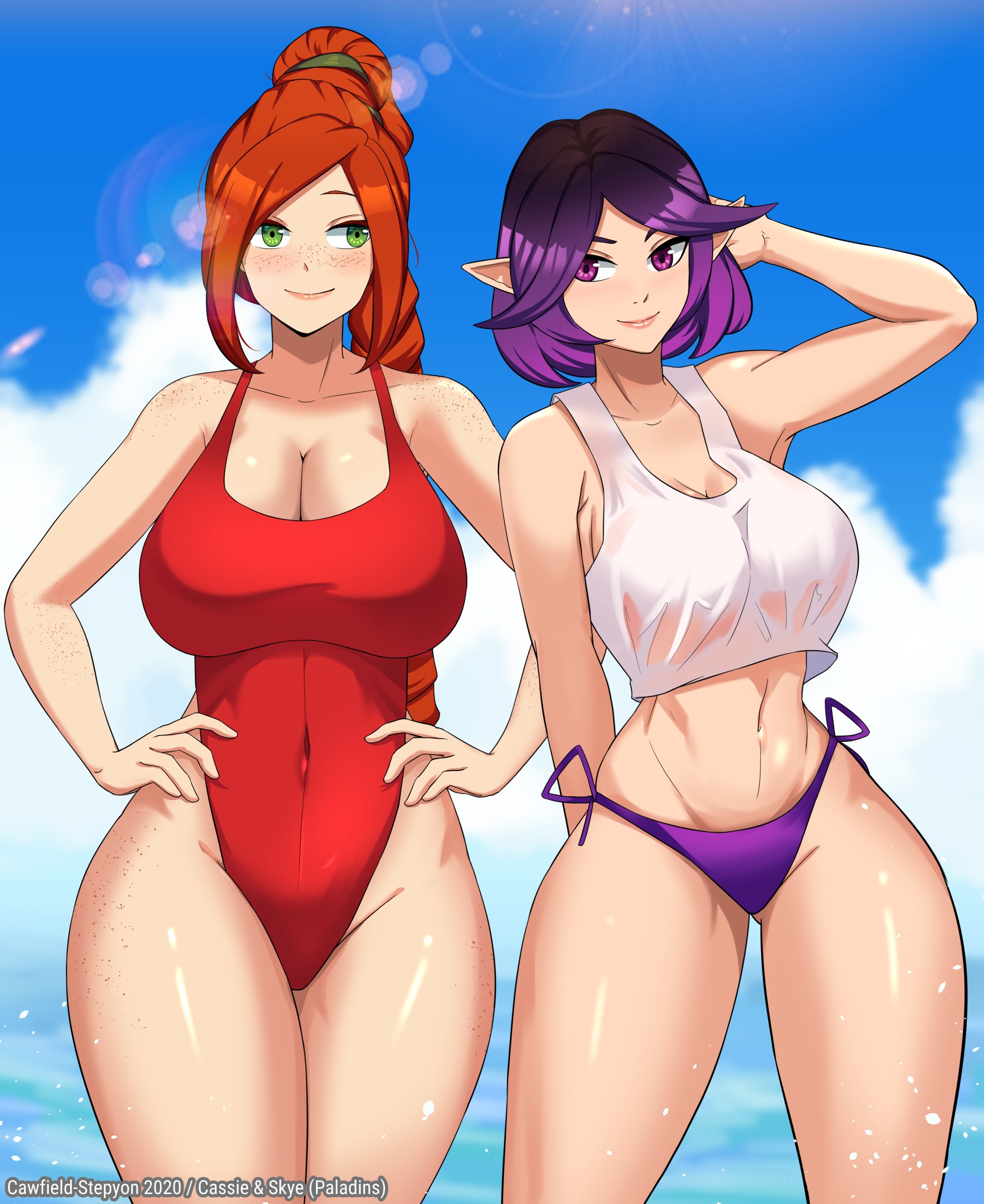 2girls, bikini bottom, breasts, cassie (paladins), cawfield, clothed, female, large breasts, paladins, purple hair, red hair, skye (paladins), stepyon, swimsuit, thick thighs, wide hips