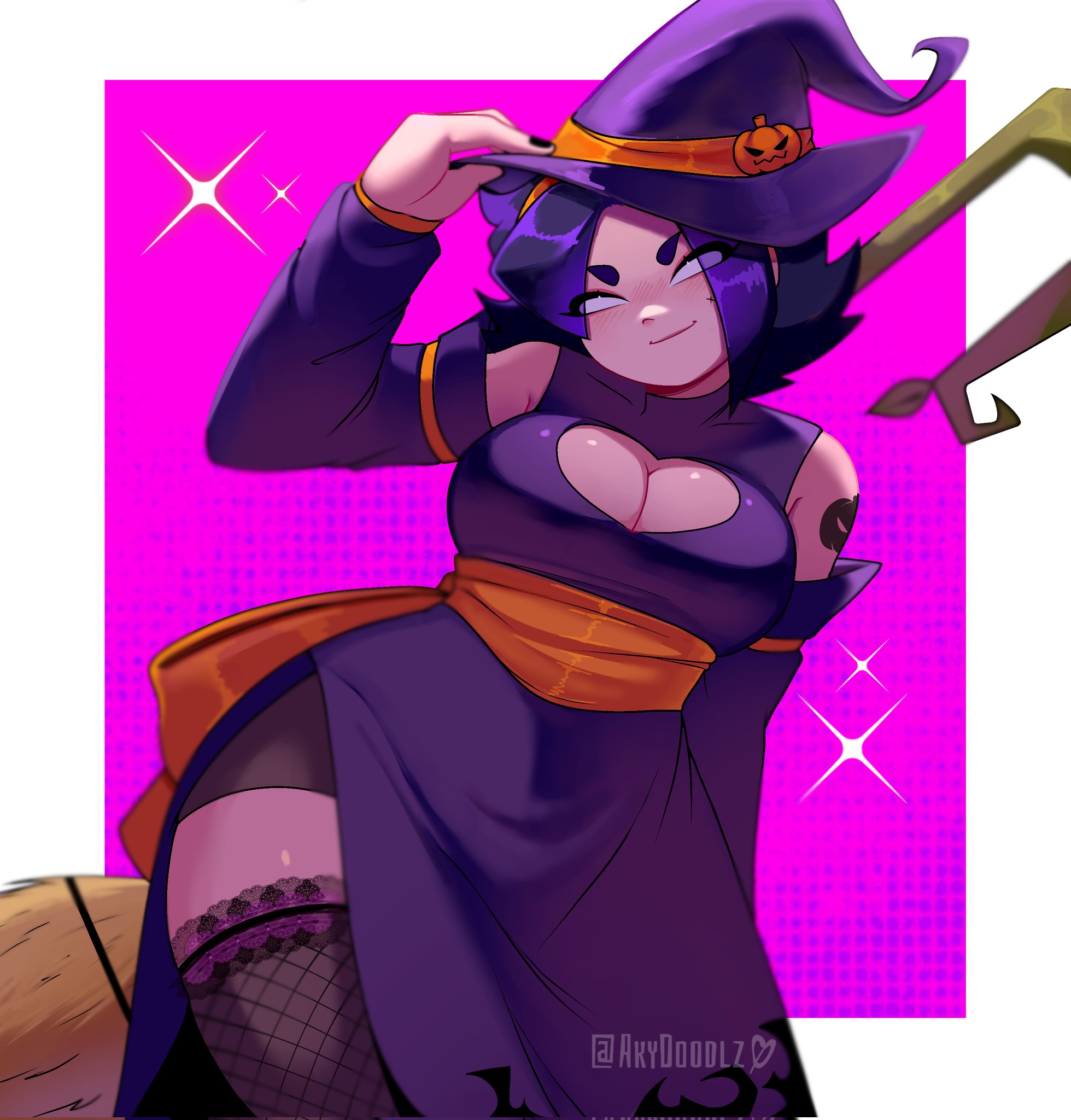 akydoodlz, dark blue hair, fishnet stockings, fishnets, friday night funkin, jack-o-nene, jazyowo, nene (newgrounds), nene (pico's school), stockings, super funkin' galaxy, witch costume