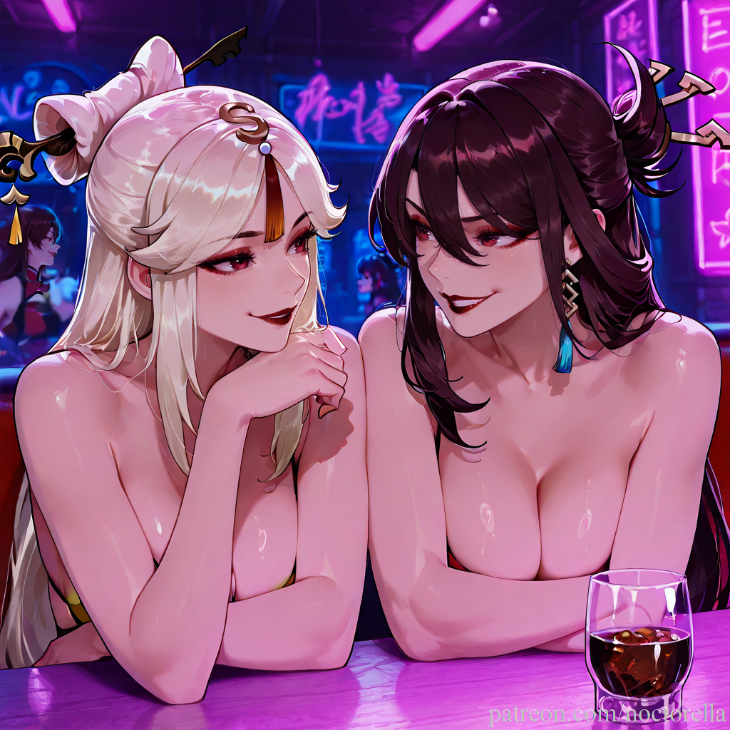 2girls, ai generated, before sex, beidou (genshin impact), big breasts, breasts, cute, female, female focus, female only, from front position, front view, genshin impact, hair, happy, hoyoverse, huge breasts, human, indoors, lips, lipstick, looking at another, naked, naked female, ningguang (genshin impact), noctorella, nude, nude female, nudity, red eyes, sitting, smile, talking, yuri