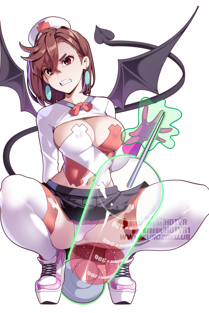 1girls, 2025, 2d, 2d (artwork), alternate costume, angry, artist name, ayase momo, breasts, brown eyes, brown hair, brown-haired female, cleavage, clenched teeth, crouching, dandadan, demon tail, demon wings, earrings, esper, female, female only, hotvr, large breasts, light skin, light-skinned female, miniskirt, navel, nurse, nurse cap, nurse uniform, panties, pantyshot, questionable, revealing clothes, skirt, skirt lift, solo, syringe, teenage female, teenager, telekinesis, thighhighs, thighs, watermark, young female
