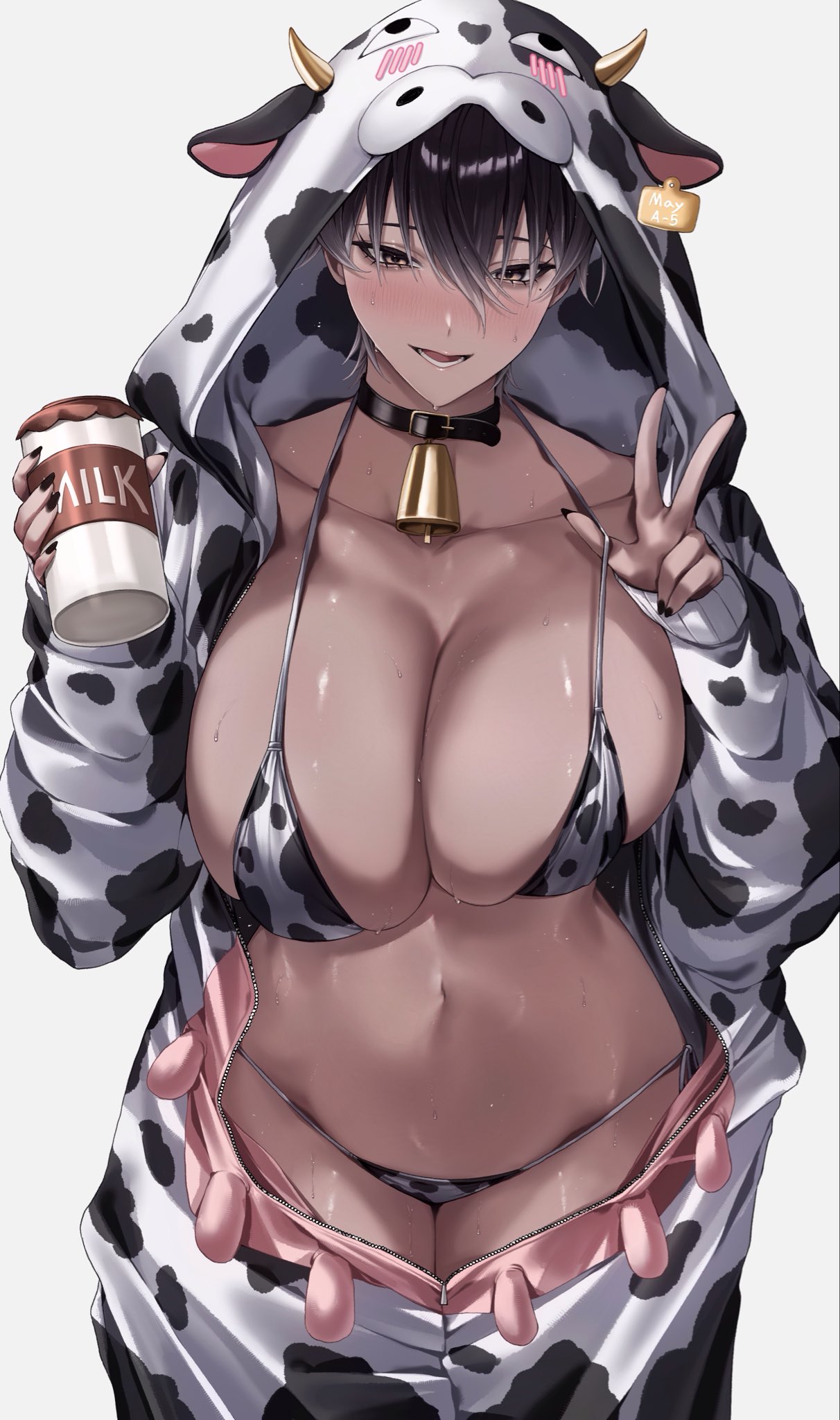1girls, big breasts, blush, breasts, clothed, clothed female, cow bell, cow bell collar, cow bikini, cow costume, female, female focus, female only, kobun 0, kobun zer00, kobun0, large boobs, large breasts, light skin, light-skinned female, peace sign, solo, solo female, solo focus