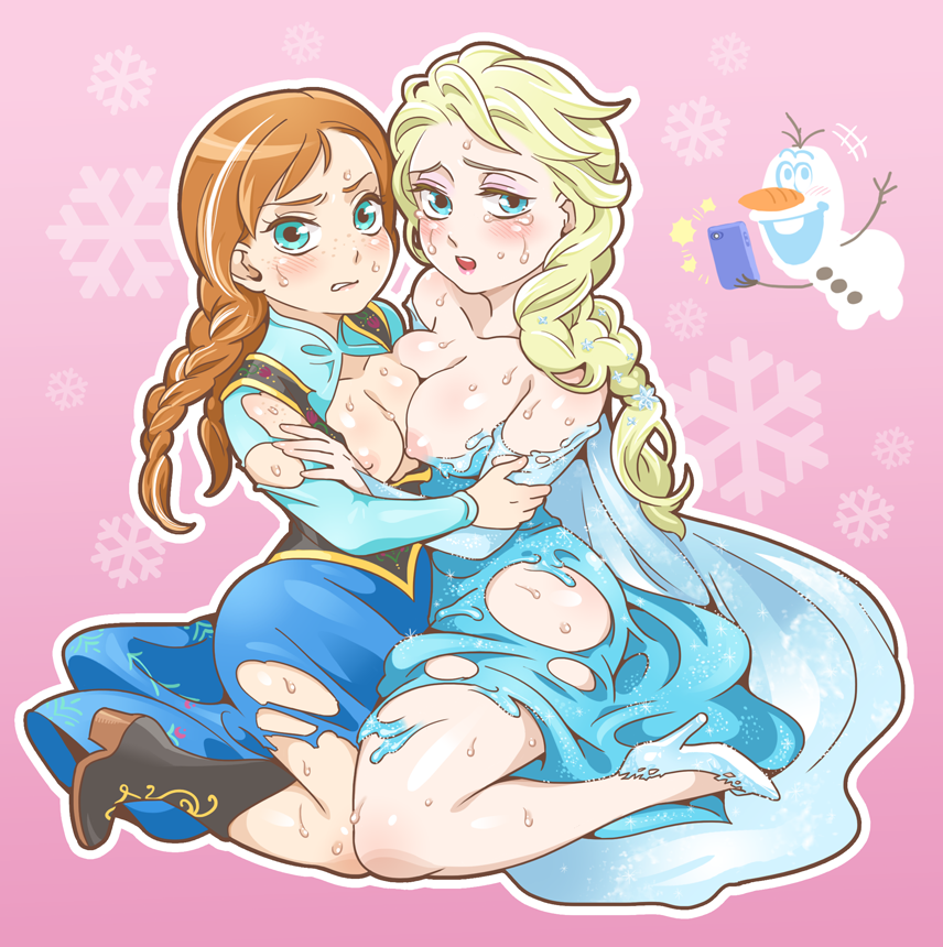 2girls angry anna_(frozen) asymmetrical_docking blonde_hair blue_eyes boots braid breast_frottage breasts brown_hair cellphone clothing disney doboshiru dress elsa_(frozen) female female_focus freckles frozen_(film) high_heels human kneeling looking_at_viewer male melting multiple_females multiple_subs nipples olaf_(frozen) open_mouth outline parted_lips phone pink_background siblings sisters smartphone snowflakes snowman sweat tears torn_clothes twin_braids wet