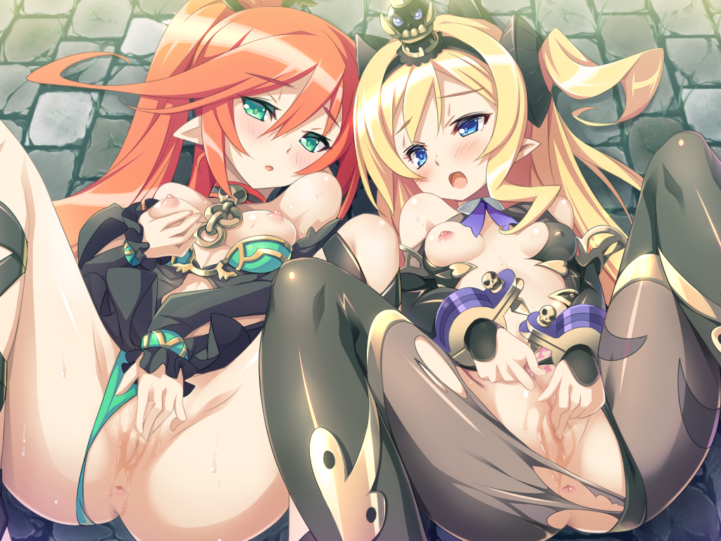 2girls akuma_de_oshioki! anus aria_(akuma_de_oshioki!) bare_shoulders black_legwear blade_(galaxist) blonde_hair blue_eyes blush bondage breasts cleft_of_venus clothed_masturbation clothing corona_(akuma_de_oshioki!) cross-laced_footwear crown demon_girl detached_sleeves erect_nipples fingering game_cg green_eyes green_panties group_masturbation horns long_hair lying masturbation medium_breasts mini_crown multiple_girls nipples on_back open_mouth orange_hair panties panties_aside pantyhose ponytail pussy pussy_juice self_fondle slave small_breasts spread_legs stockings succubus tattoo thighhighs tied_hair torn_clothes torn_pantyhose two_side_up uncensored underwear