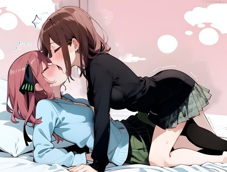 ai generated, female, go-toubun no hanayome, incest, kissing, nakano miku, nakano nino, sisters, yuri