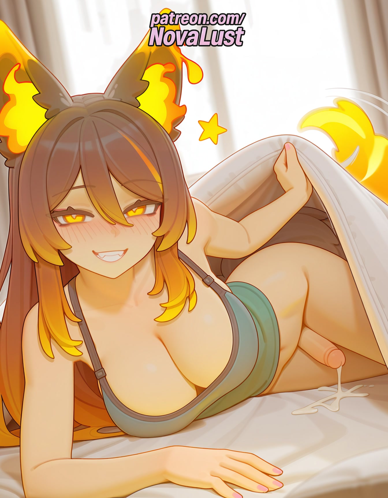 1futa, 2025, ai generated, animal ears, artist name, balls, big breasts, big chest, blush, breasts, bust, busty, chest, cleavage, cock, cum, cum while penetrated, dick, ejaculation, erection, eyebrows visible through hair, fire, foreskin, fox ears, fox tail, futanari, grin, hair between eyes, hi res, high quality, high resolution, highres, intersex, large breasts, long hair, lying, multicolored hair, nail polish, novalust, otoko no ko, patreon, patreon username, penis, projectile cum, sinder (vtuber), smile, solo, stable diffusion, star (symbol), testicles, uncensored, uncircumcised, virtual youtuber, watermark