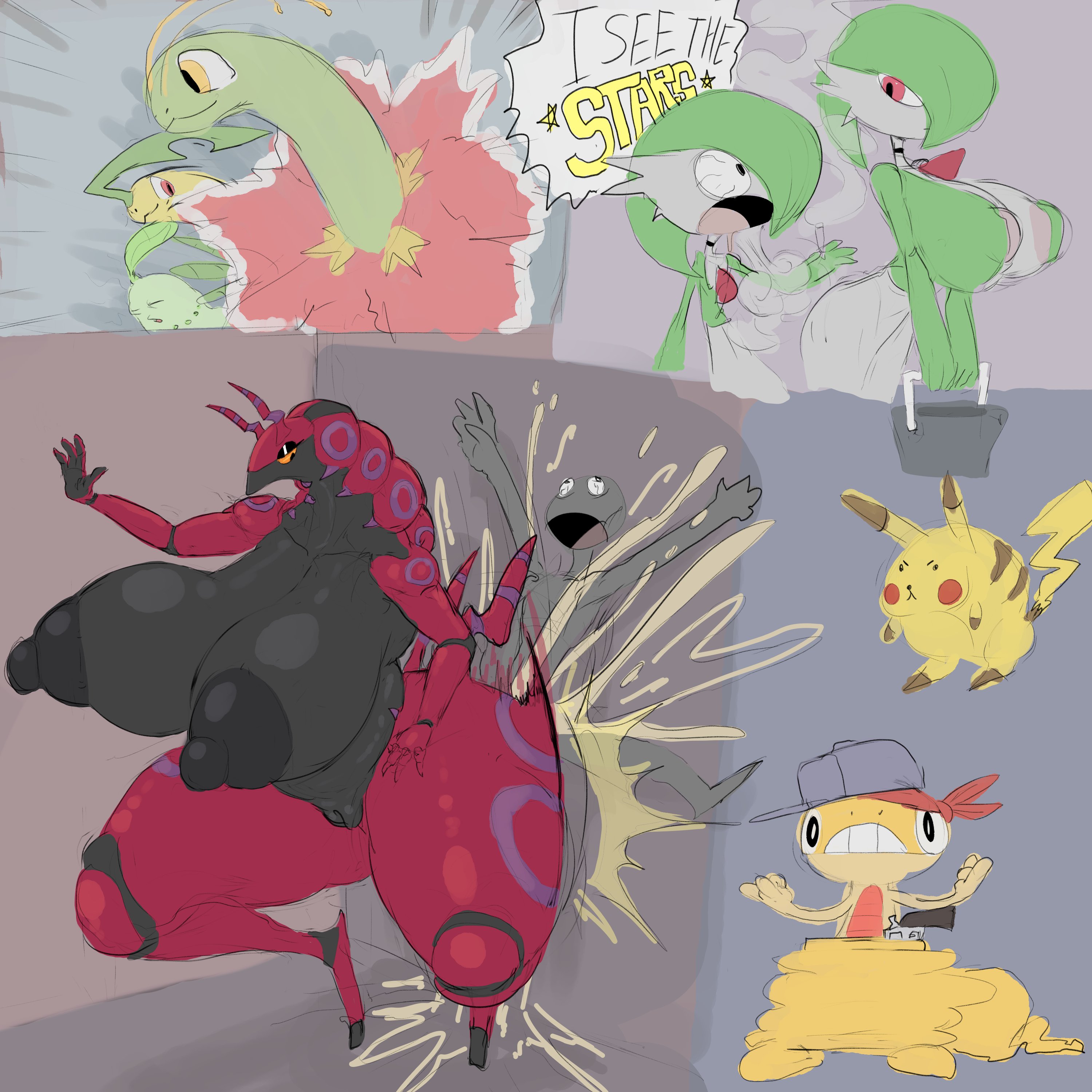 anthro, bayleef, big breasts, chikorita, drooling, gardevoir, meganium, pikachu, pokemon, scolipede, scraggy, shrumblegumble, smoking marijuana, smoking weed, syaneaser, weed