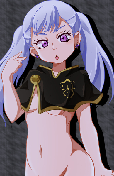 black bulls uniform, black clover, bottomless, female, noelle silva, open mouth, purple eyes, shishimon, silver hair, solo, solo focus, tied hair