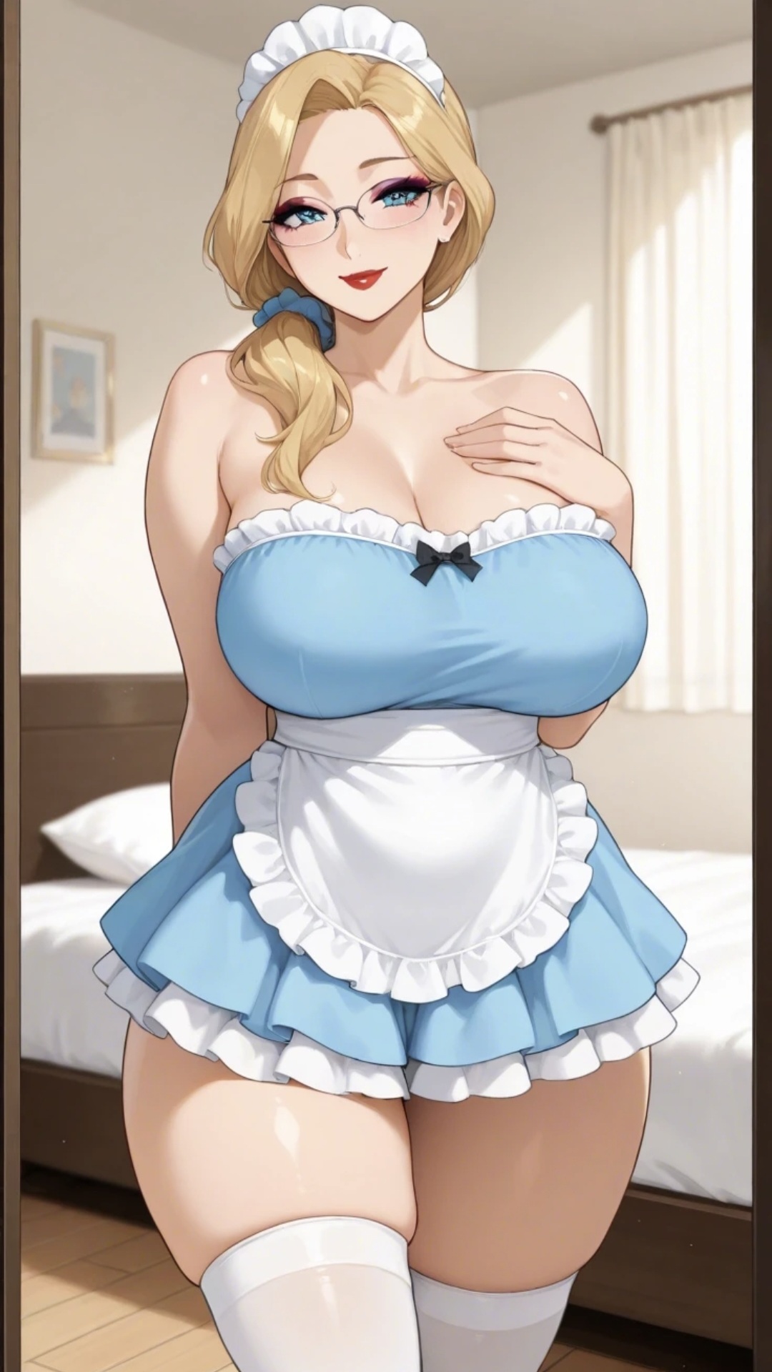 1girls, ai generated, bare shoulders, bed, bedroom, big breasts, blonde female, blonde hair, blonde hair female, blue eyes, breasts, cleavage, clothed, clothed female, clothing, commentary request, curvaceous, curvaceous female, curvy, curvy female, curvy figure, eyelashes, eyeliner, female, female focus, frills, glasses, hair, hair over shoulder, hand on breast, hand on chest, headwear, indoors, inside, large breasts, lia the busty redhead, lipstick, long hair, looking at viewer, maid apron, maid headdress, maid outfit, maid uniform, makeup, mature, mature female, mature woman, milf, original, original character, red lips, red lipstick, self upload, smile, smile at viewer, standing, stockings, tagme, thick thighs, thighs, tied hair, white stockings