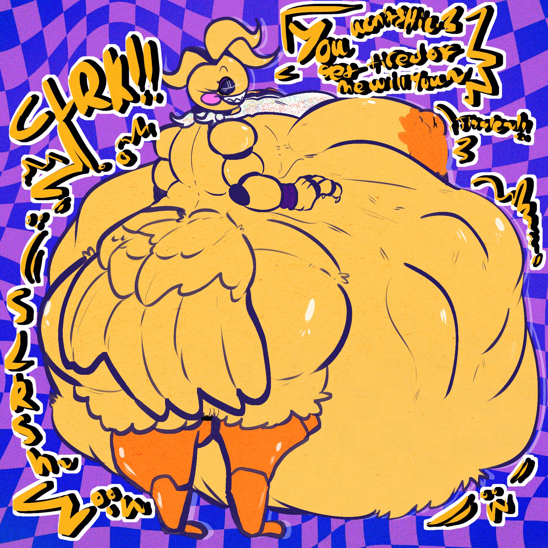 animatronic, animatronic female, big ass, big belly, big breasts, breasts, breasts bigger than head, breasts out, chicken, chicken girl, female, five nights at freddy's, five nights at freddy's 2, fnaf, hyper, hyper belly, hyper breasts, hyper vore, phasianid, robot, robot girl, sacredaegis, scottgames, toy chica (fnaf), vore, vore belly, yellow, yellow body