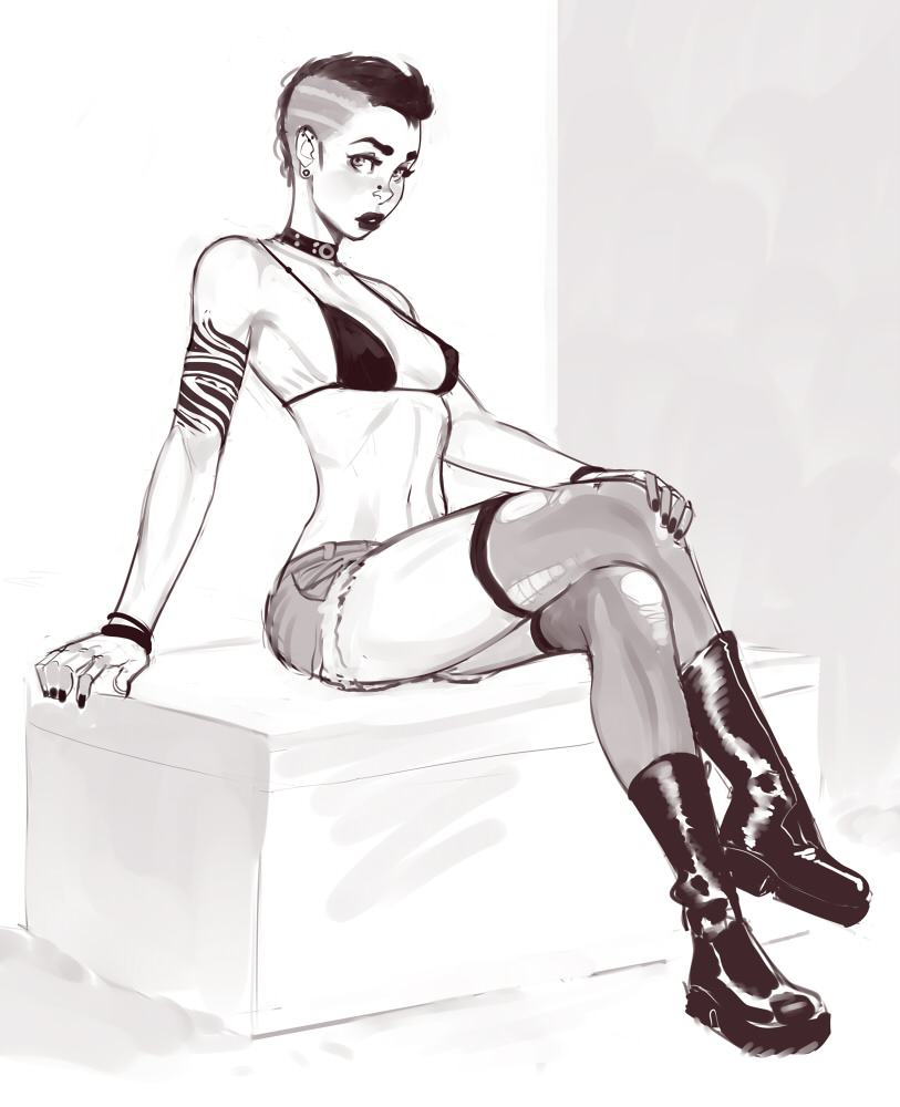big lips, bikini top, booty shorts, combat boots, female, incase, lipstick, monochrome, nose ring, punk, side shave, solo, tattoo, thigh highs