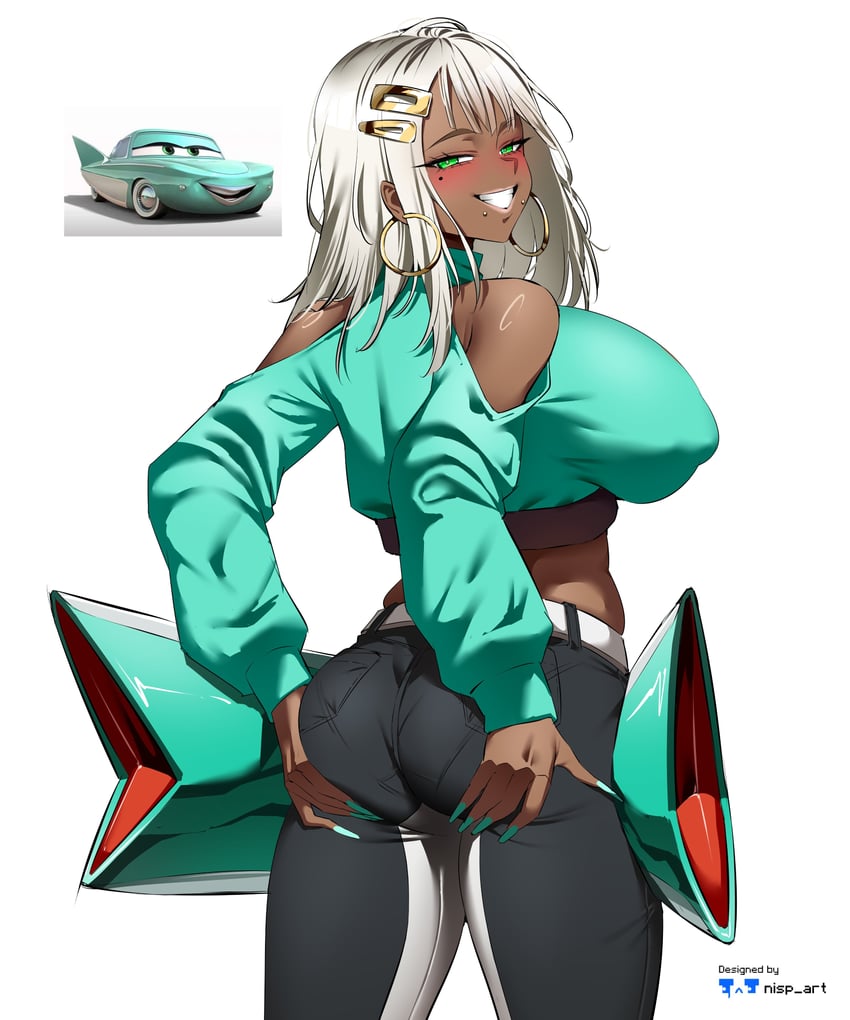 ass focus, ass grab, big ass, cars (film), dark skin, flo (cars), green clothing, green eyes, mole under eye, nisp art, no bra, tight clothing, white hair