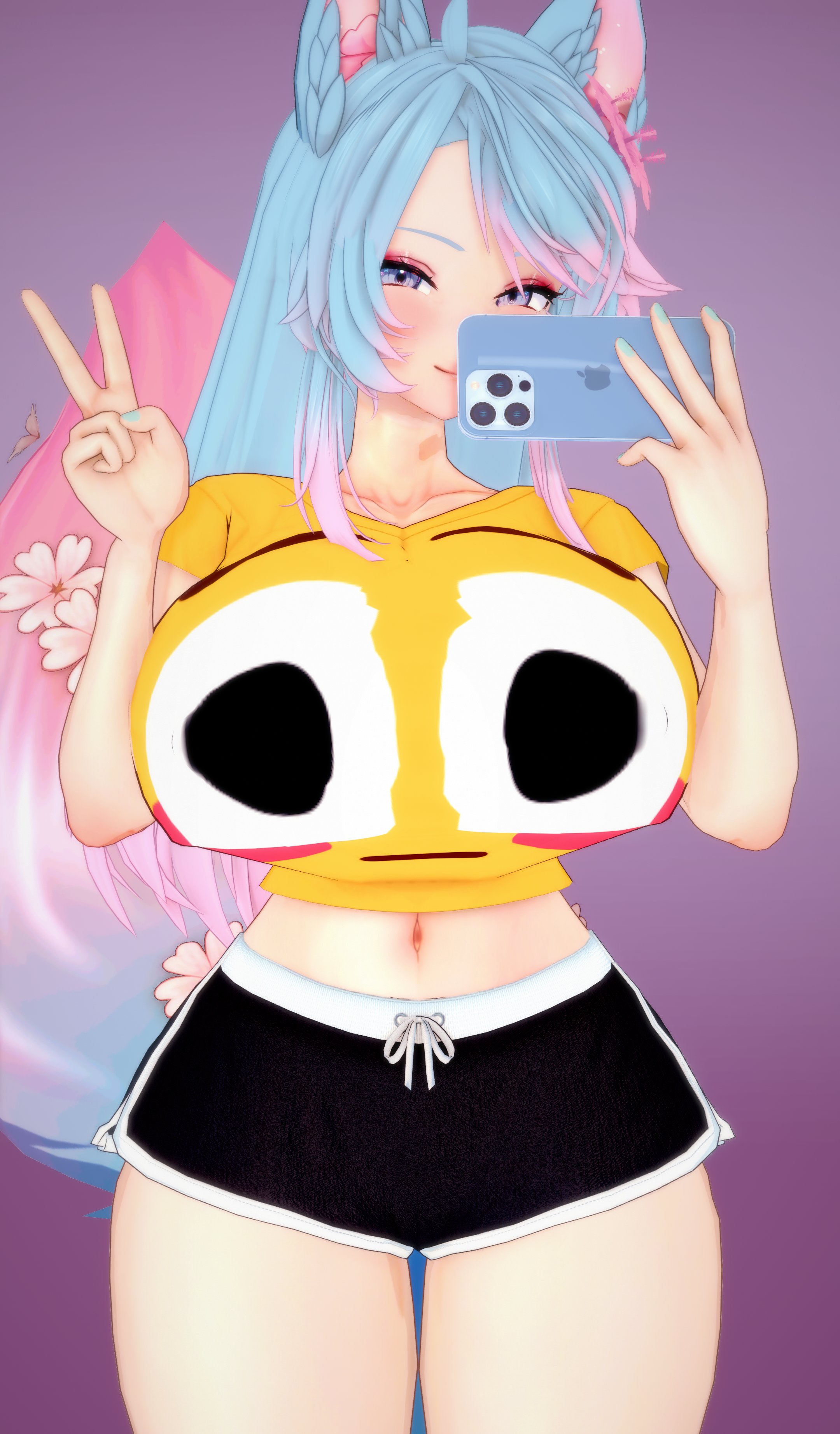 1girls, 2025, 3d, ahoge, alternate version available, blue eyes, blue hair, blush, breasts, deluxe rosie, dolphin shorts, female, female only, flower, flower in hair, flushed emoji shirt, hips, holding object, holding phone, hourglass figure, huge breasts, indie virtual youtuber, iphone, light skin, light-skinned female, long hair, looking at viewer, meme attire, midriff, mirror selfie, multicolored hair, navel, nipple bulge, peace sign, phone, pink hair, selfie, short shorts, shorts, silvervale, smile, solo, solo female, standing, stretched clothing, thick thighs, thighs, thin waist, v sign, virtual youtuber, wide hips, wolf ears, wolf girl, wolf tail