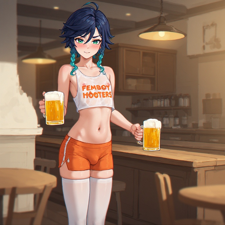 ai generated, boy, femboy, femboy hooters, femboy only, genshin impact, hooters, hooters uniform, male, male only, penis, sexy body, sexy boy, sexy pose, sexy uniform, small penis, venti (genshin impact)