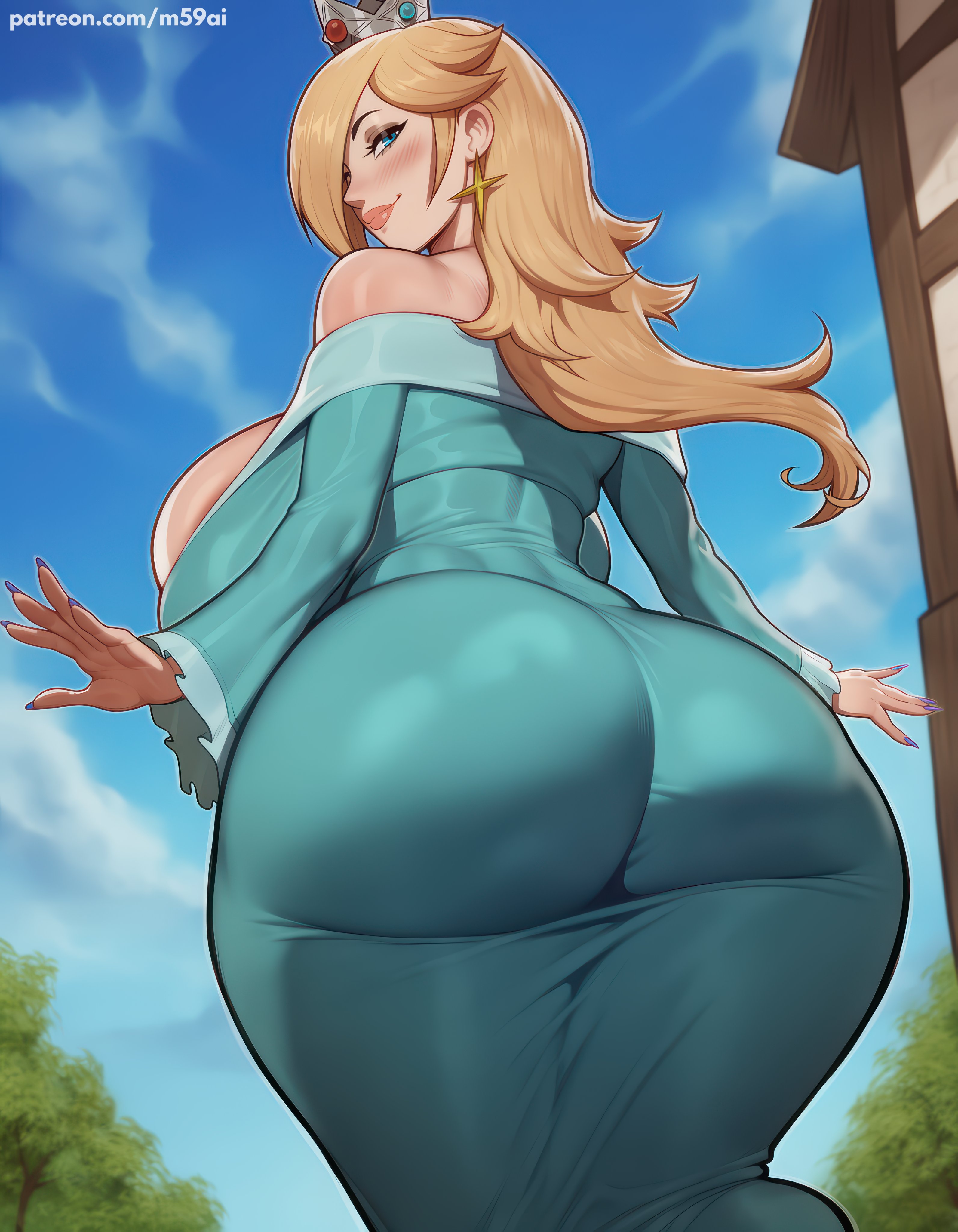 1girls, ai generated, ass, ass crack, ass focus, bare shoulders, big ass, big breasts, blonde hair, blush, breasts, breasts bigger than head, cleavage, cleavage overflow, crown, curvy, dress, earrings, fat ass, female, female only, from behind, gigantic ass, gigantic breasts, hair over one eye, huge ass, huge breasts, human, human only, large ass, large breasts, light skin, light-skinned female, long hair, looking at viewer, looking back, m59ai, mammal, mario (series), massive ass, massive breasts, mature, mature female, princess, princess rosalina, queen, rosalina, royalty, sagging breasts, seductive, slim waist, smile, smirk, solo, solo female, super mario bros., super mario galaxy, super smash bros., thick thighs, voluptuous, wedgie, wide hips