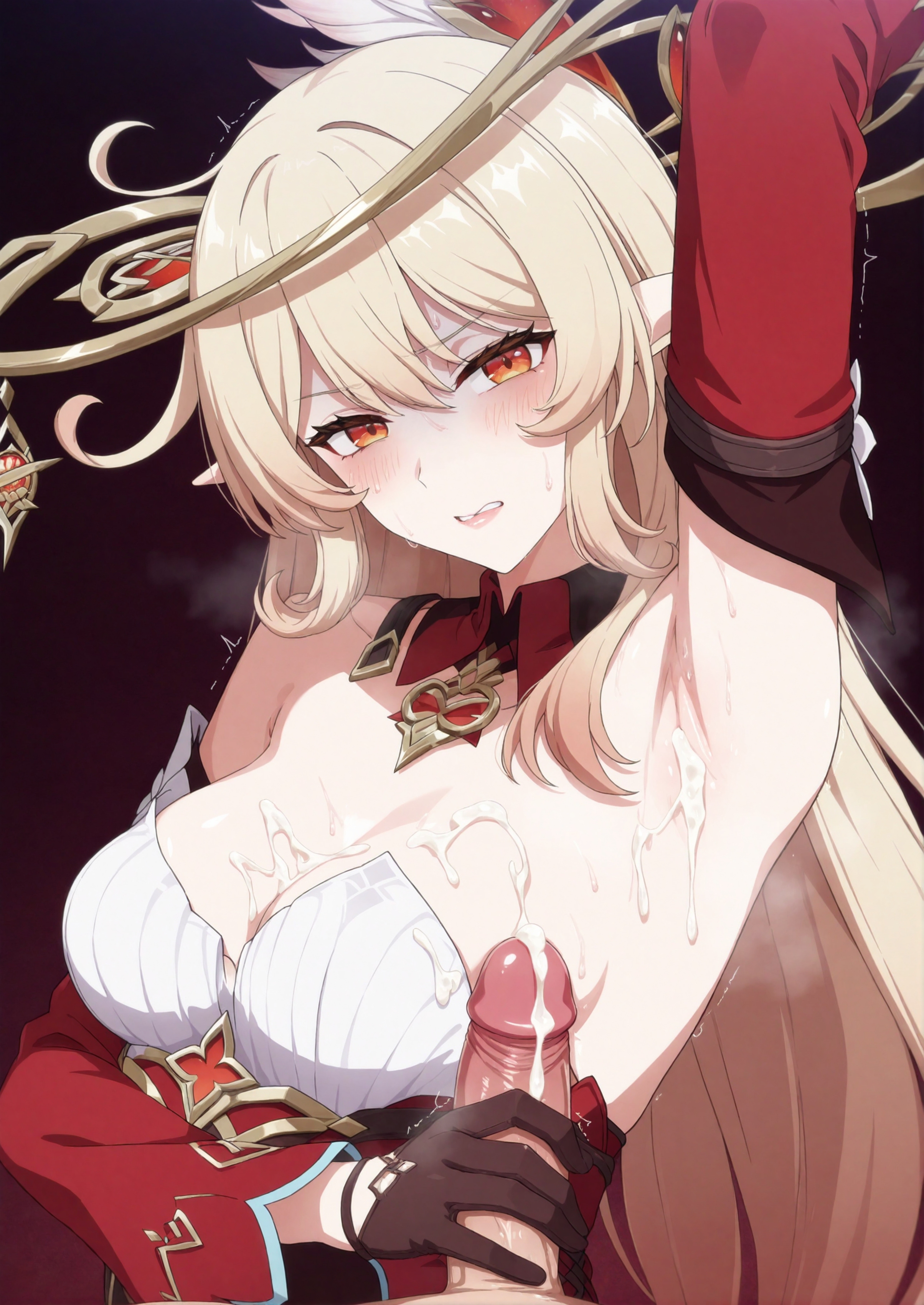 ai generated, alice (genshin impact), breasts, cum, eyes, female, genshin impact, hair, lips, male, nipples, penis