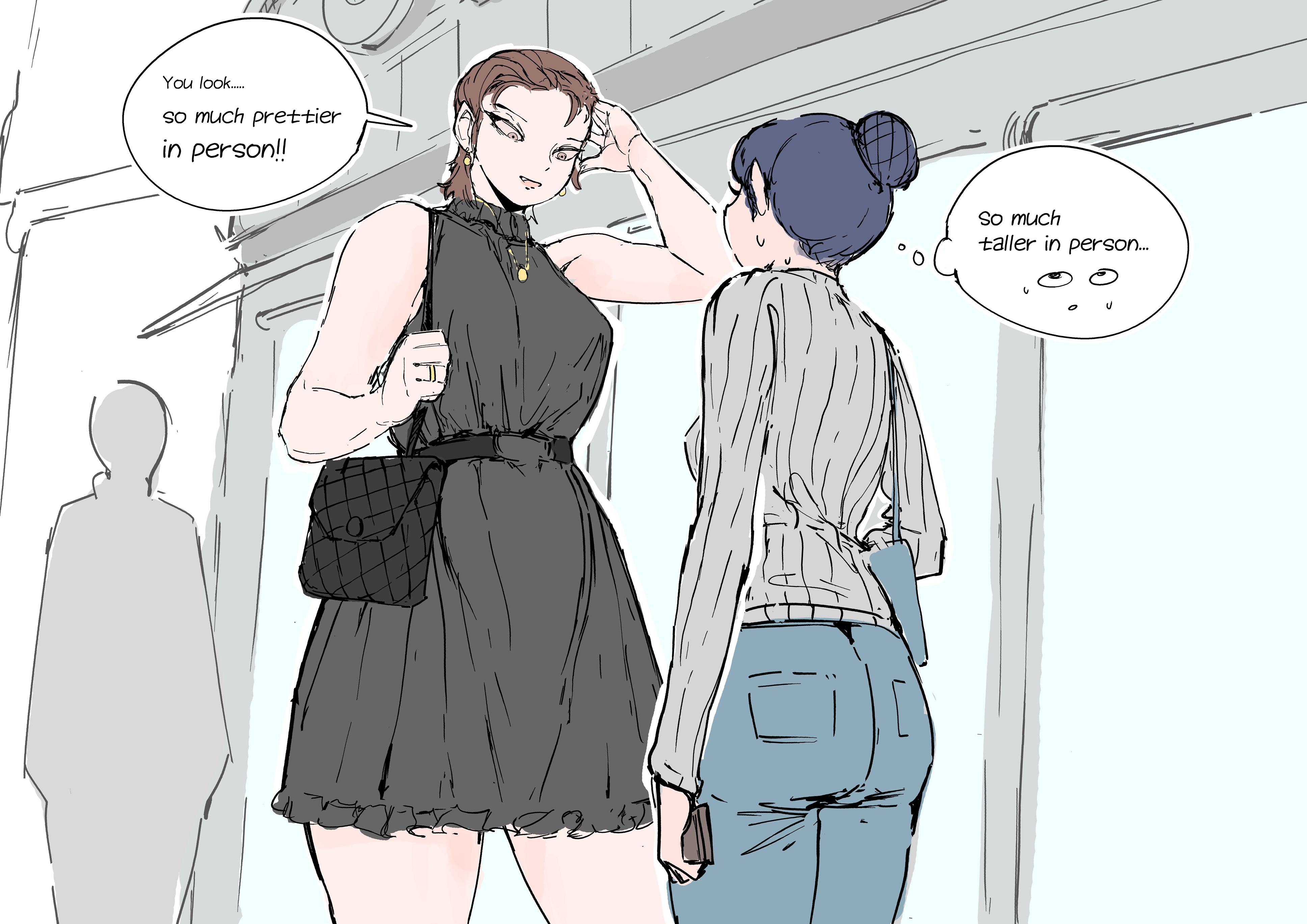 2girls, bag, blue hair, blue-haired female, brown hair, brown-haired female, clothed, clothed female, dress, english text, female, female only, hair bun, height difference, hi res, holding object, jeans, light skin, light-skinned female, looking at another, medium hair, medium-haired female, necklace, original, original character, pendant, pizzlet, speech bubble, standing, sweat, sweater, tall female, taller female, text, thinking