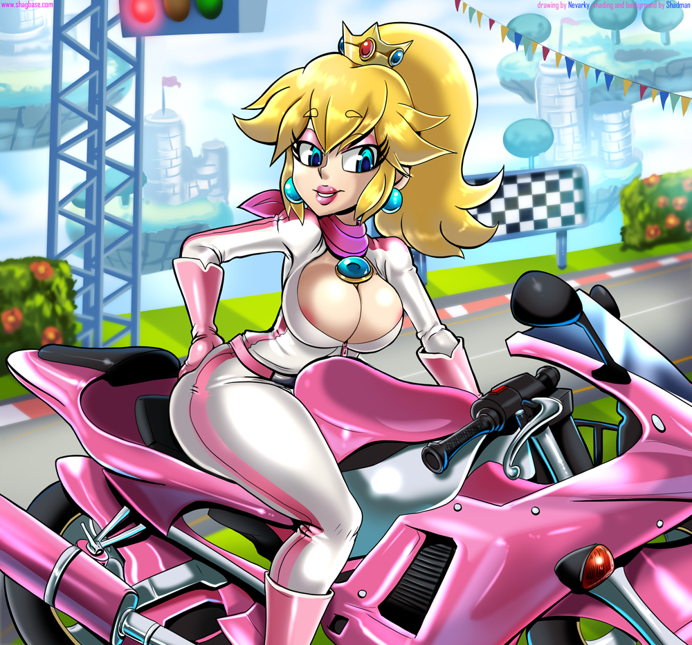 areola_slip ass blonde_hair bodysuit boots breasts cleavage clothed jpeg mario_(series) mario_circuit_(mario_kart_8) mario_kart mario_kart_8 motorcycle nevarky nintendo nipples princess_peach shadman tight_suit