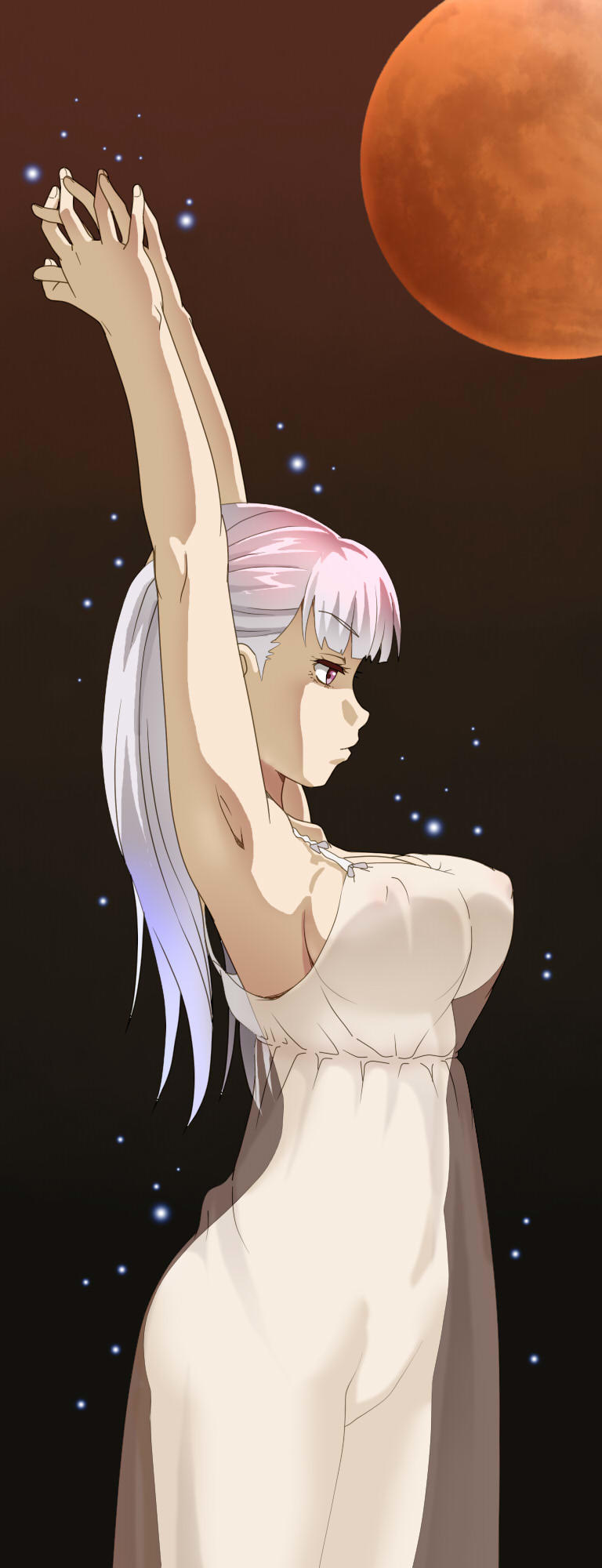 1girls armpits arms_up awa black_clover breasts closed_mouth dress dressing_gown female female_only large_breasts long_dress nightgown nipple_bulge nipples noelle_silva planet purple_eyes see-through silver_hair solo solo_female space sparkle stretching tied_hair transparent_clothing