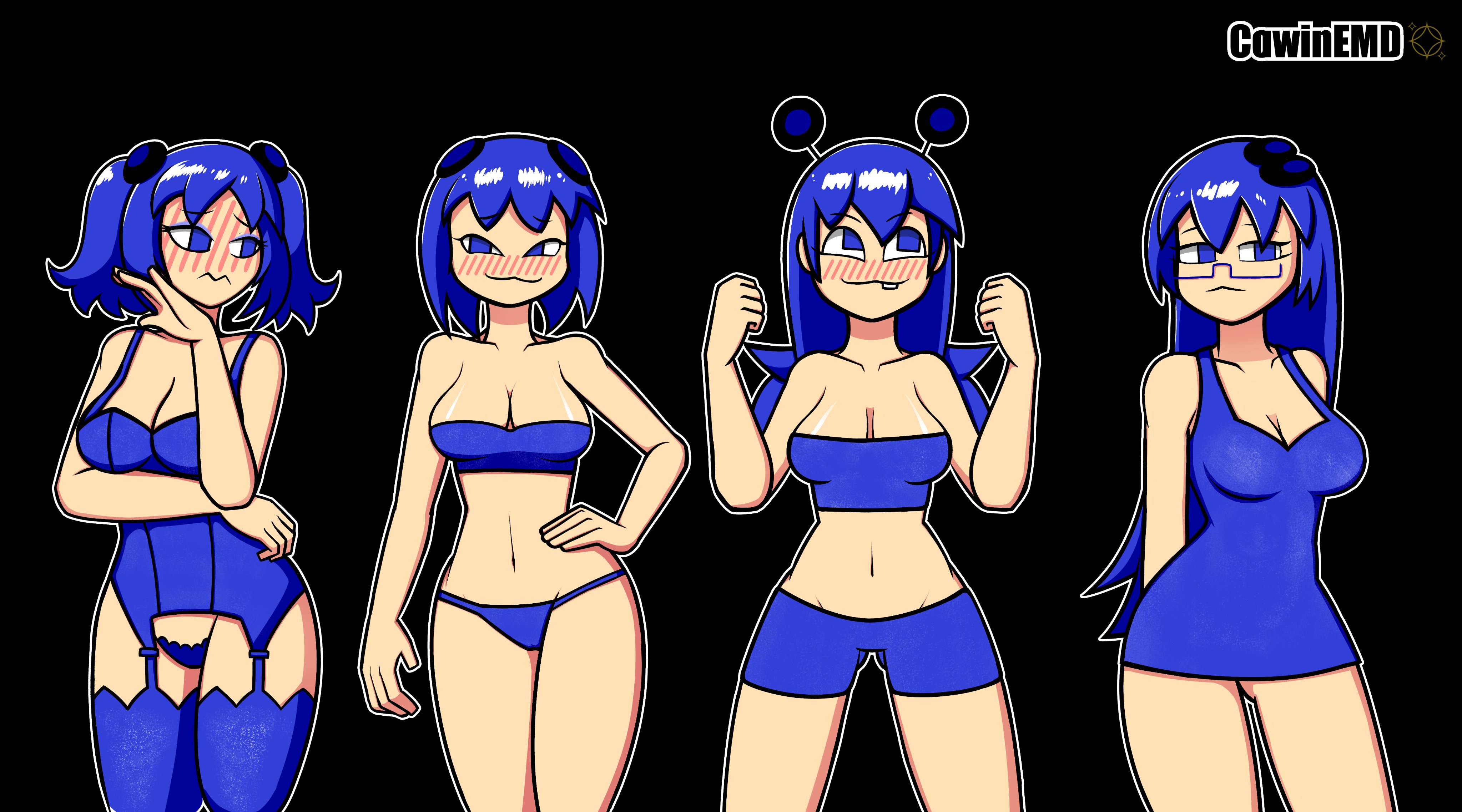 4girls, blinky (pac-man), blue clothing, blue eyes, blue hair, blush, boxers (clothing), bra, clyde (pac-man), female, inky (pac-man), lingerie, long blue hair, looking at viewer, looking away, pac-man (series), pac-man ghost dance (minus8), panties, pinky (pac-man), rsinnamonroll, short blue hair, turn-to-blue